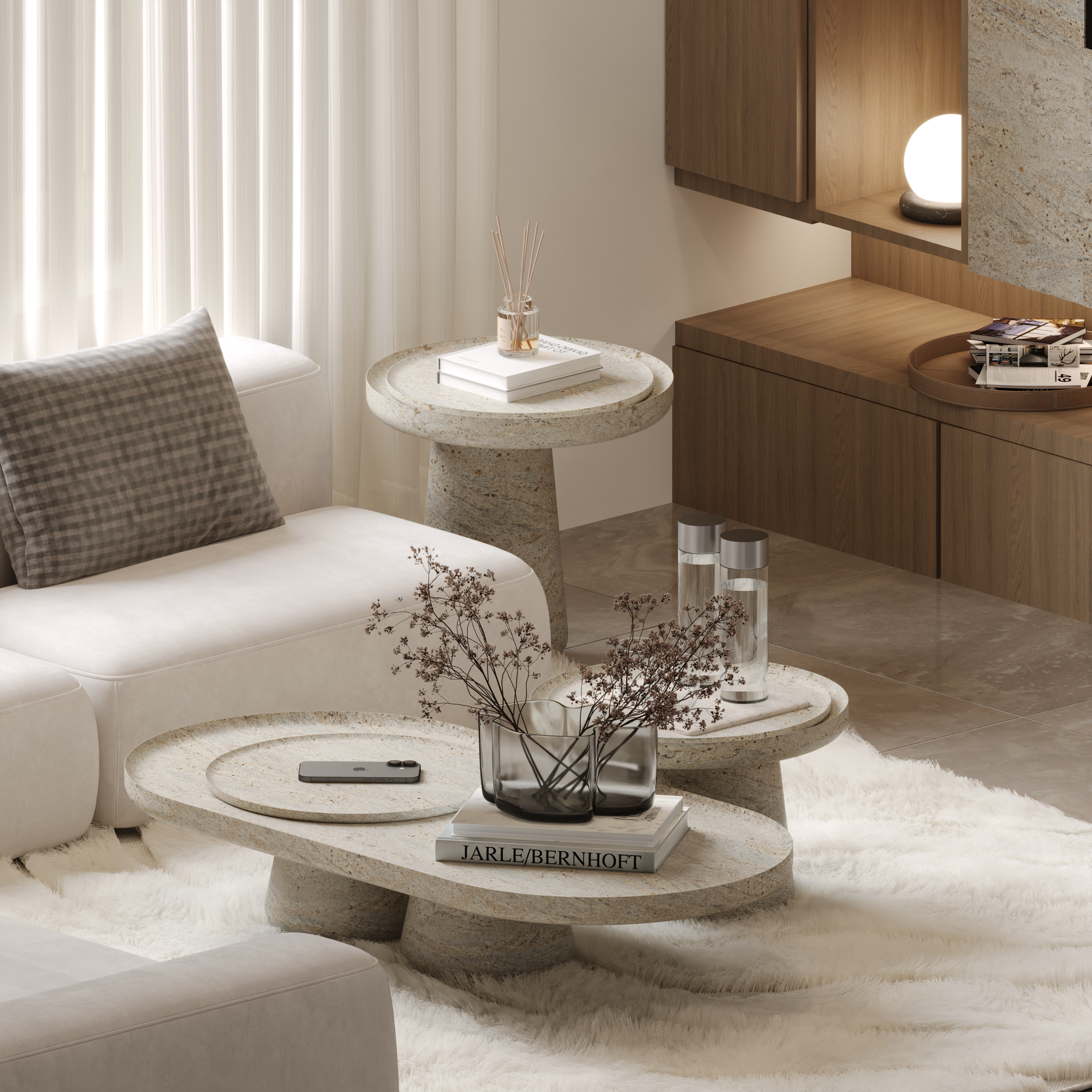 Travertine coffee tables close-up