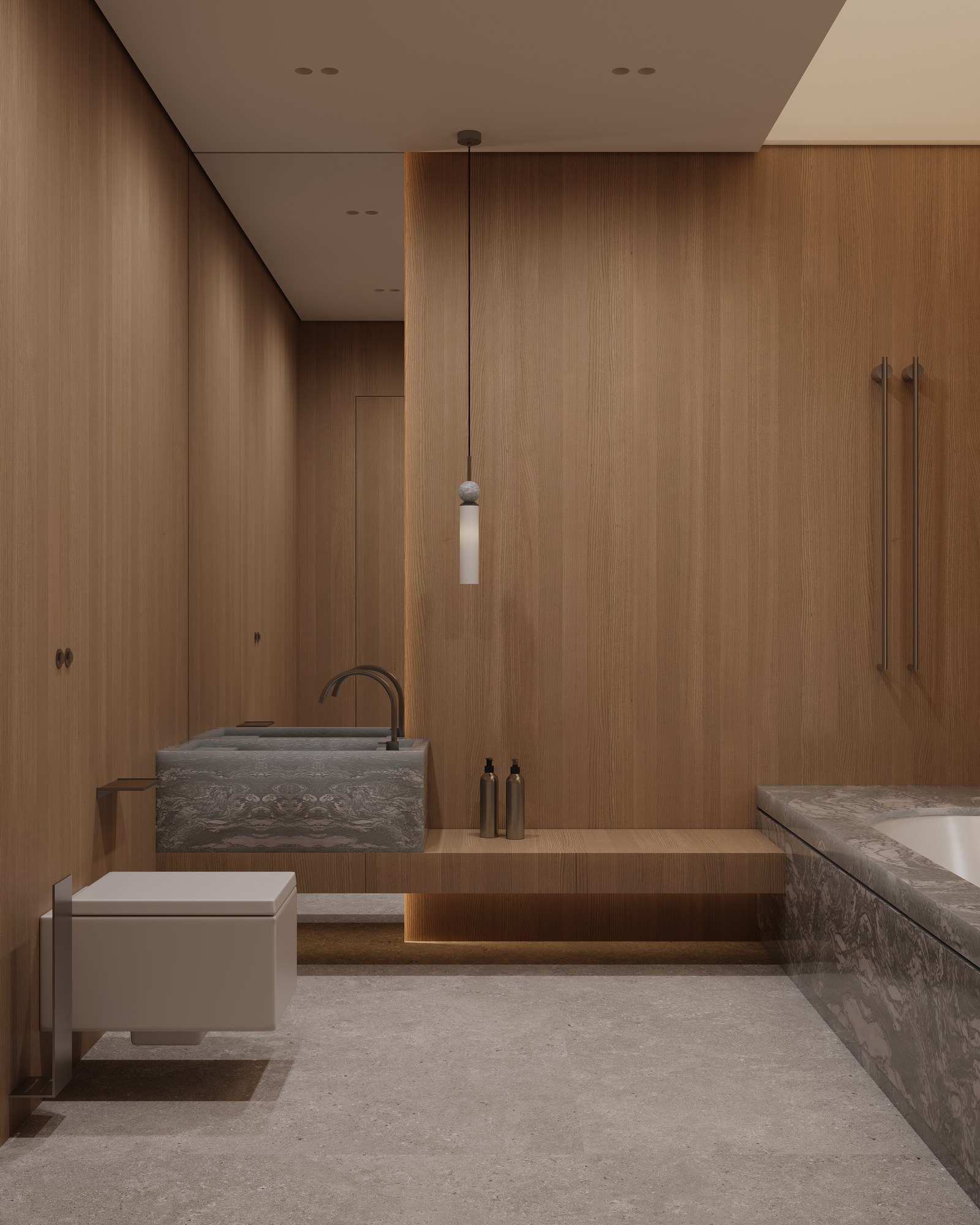 Walnut-paneled bathroom with stone basin and pendant light