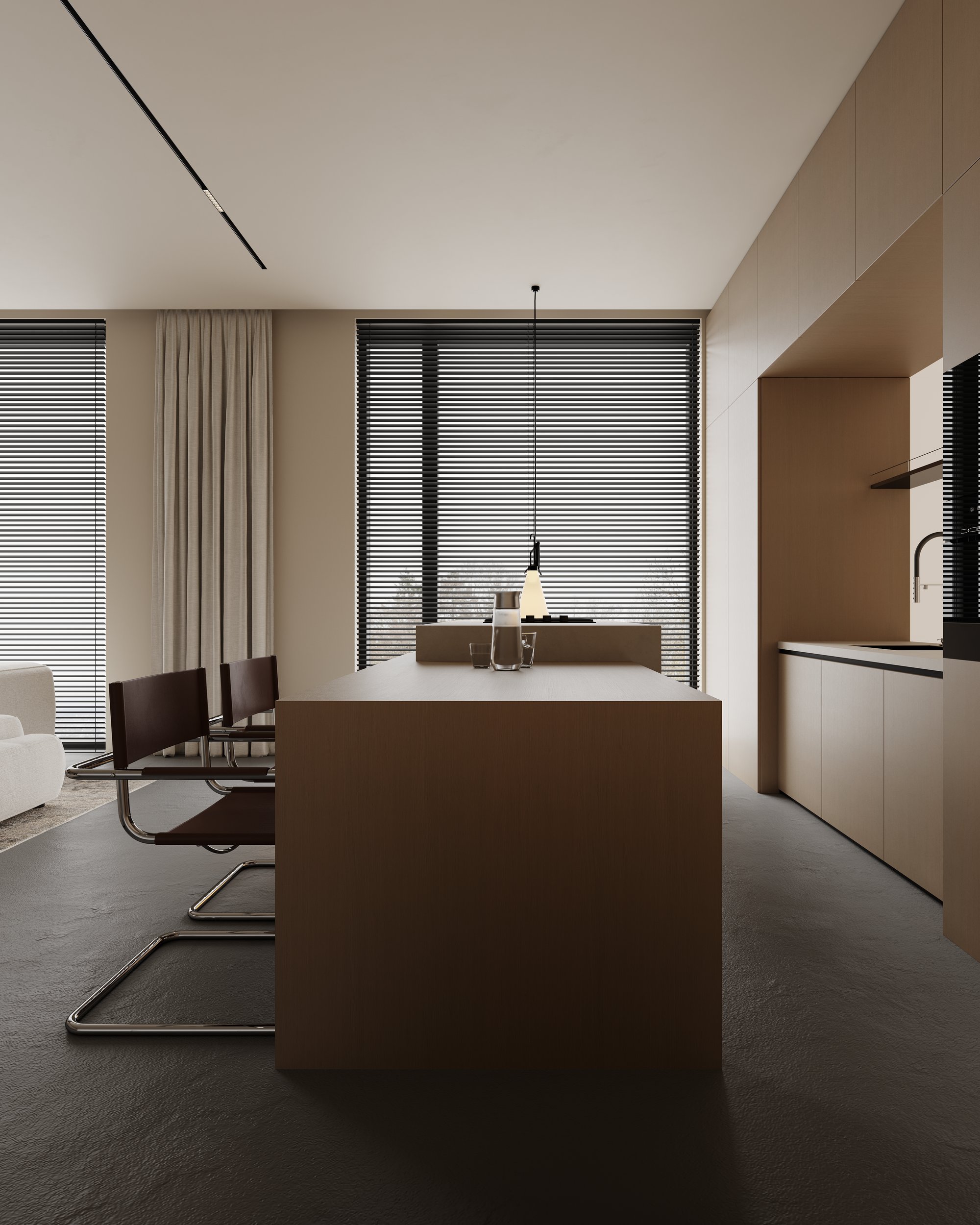 Kitchen island with leather chairs and black blinds