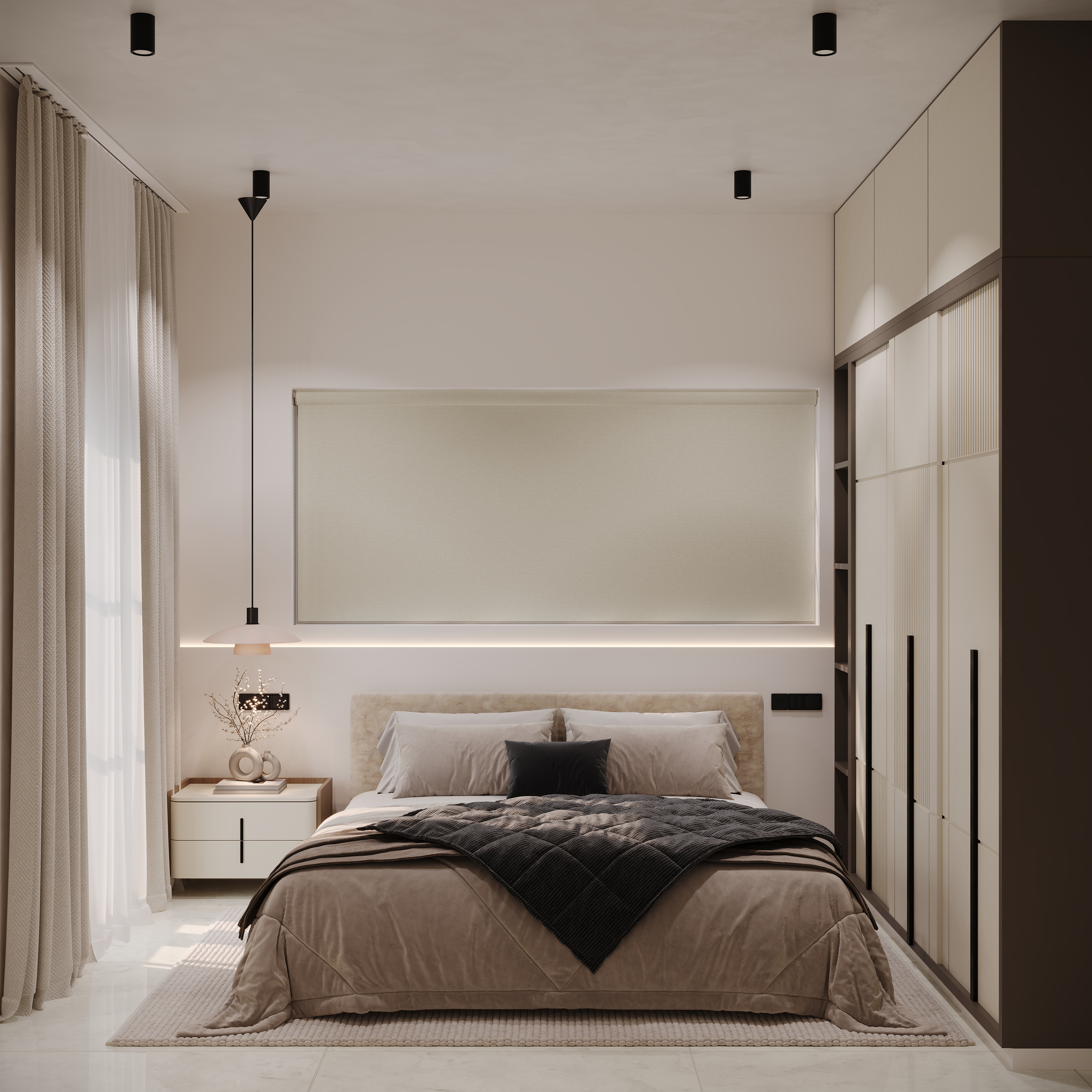 Bedroom with upholstered bed and wardrobe