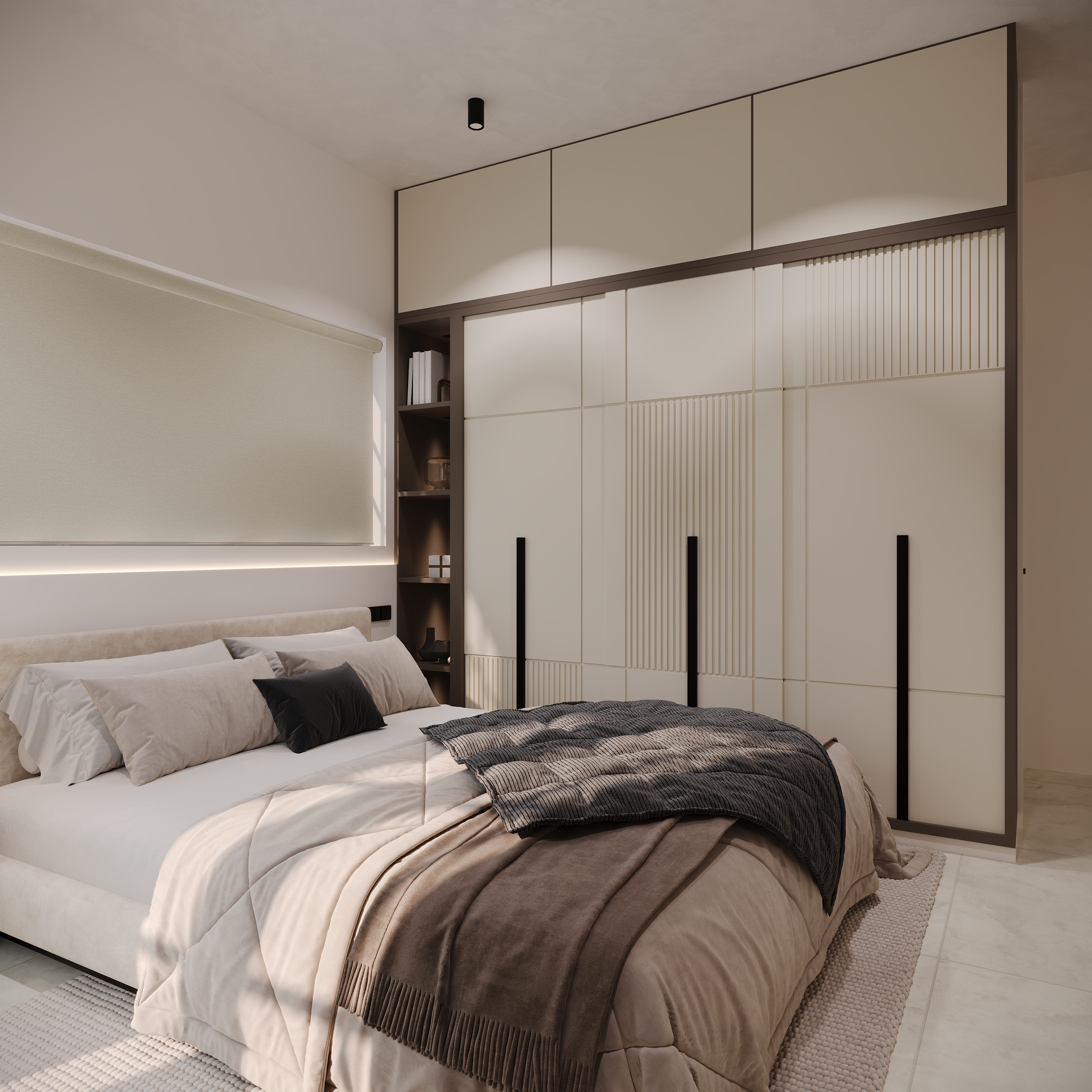 Bed and fluted wardrobe from an angle