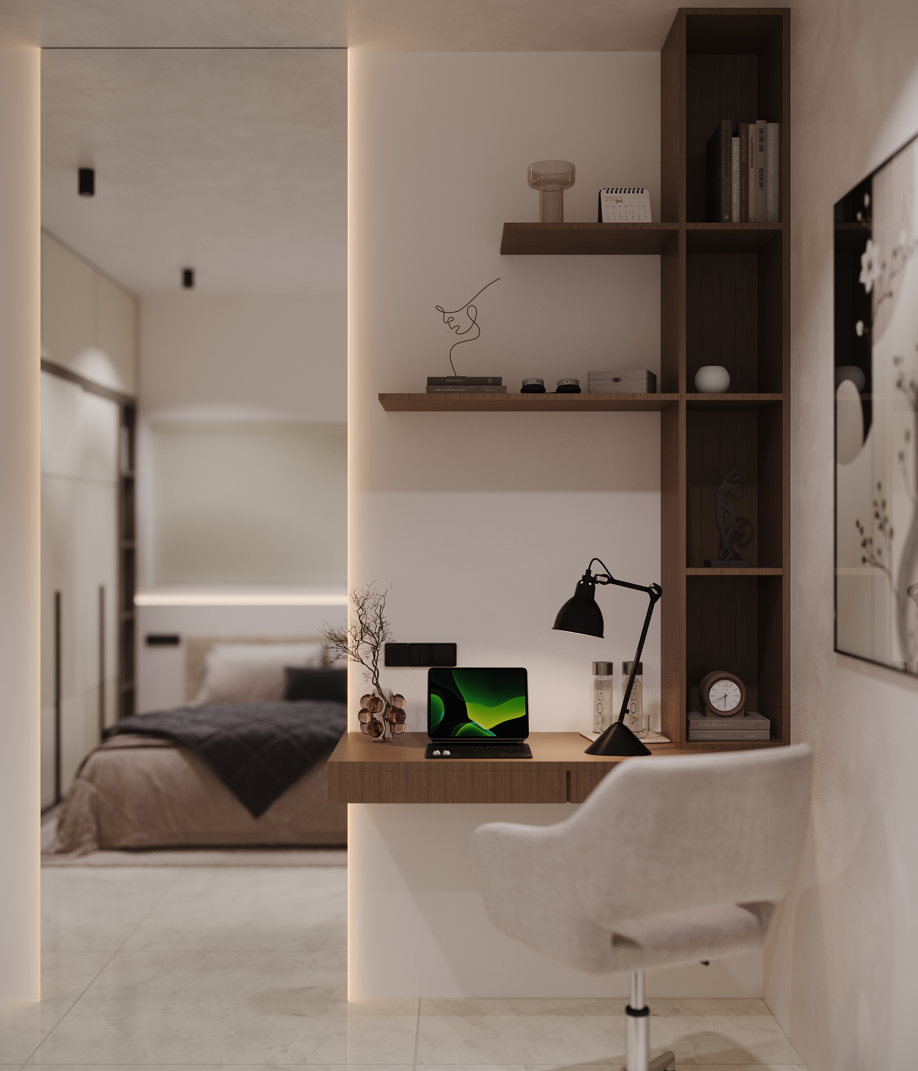 Study corner with wooden desk and shelving