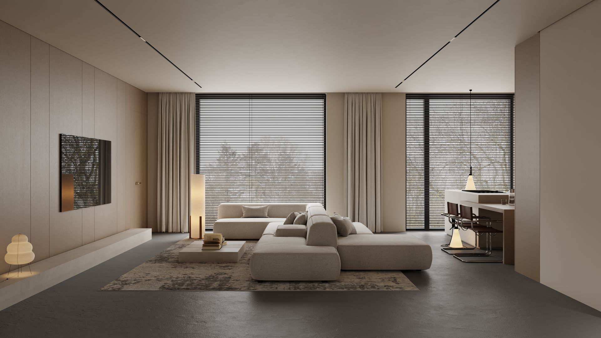 Minimalist TV lounge with sectional sofa and open dining counter