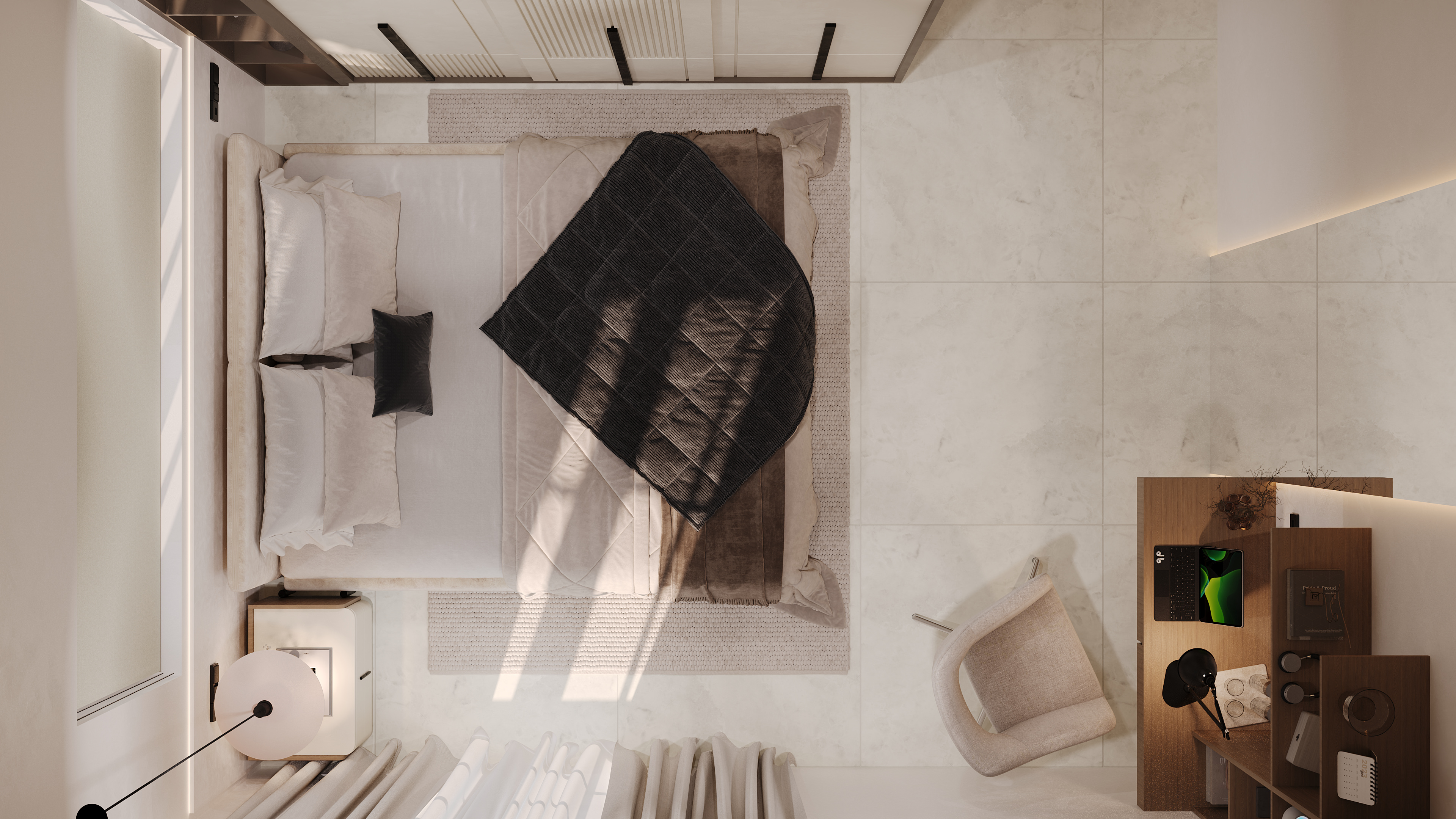 Top-down view of the bedroom and study corner