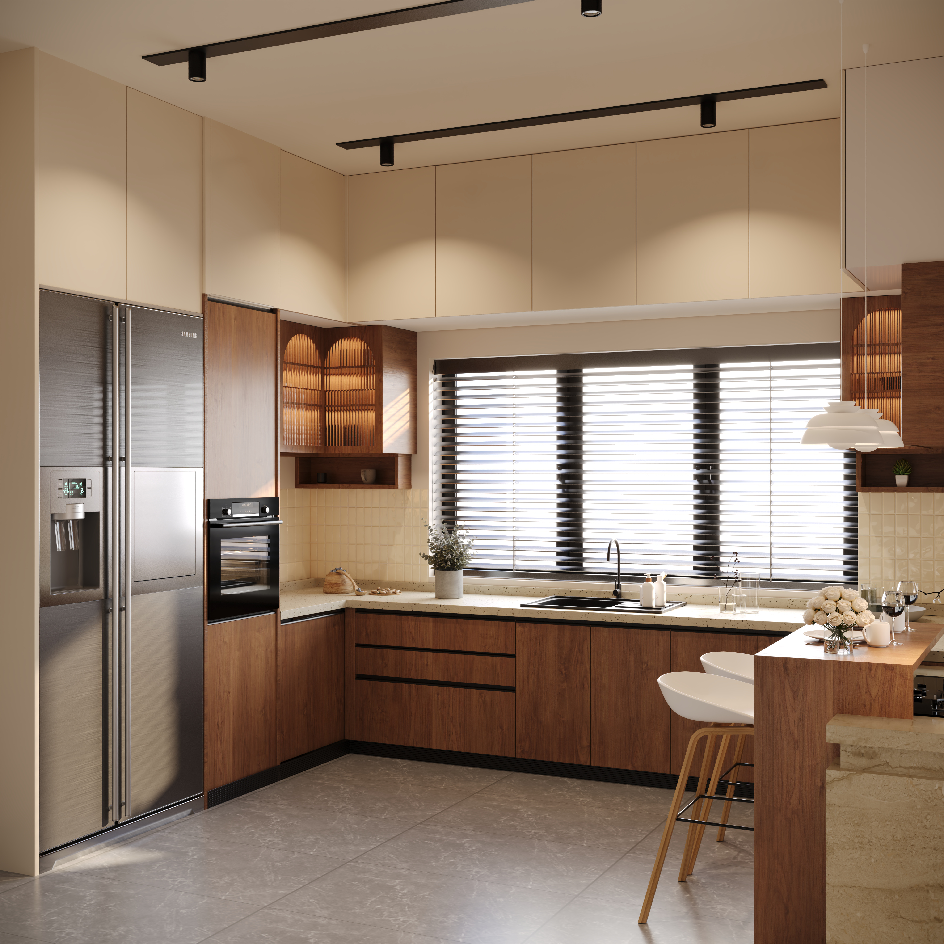 Kitchen corner view with fridge and cabinets