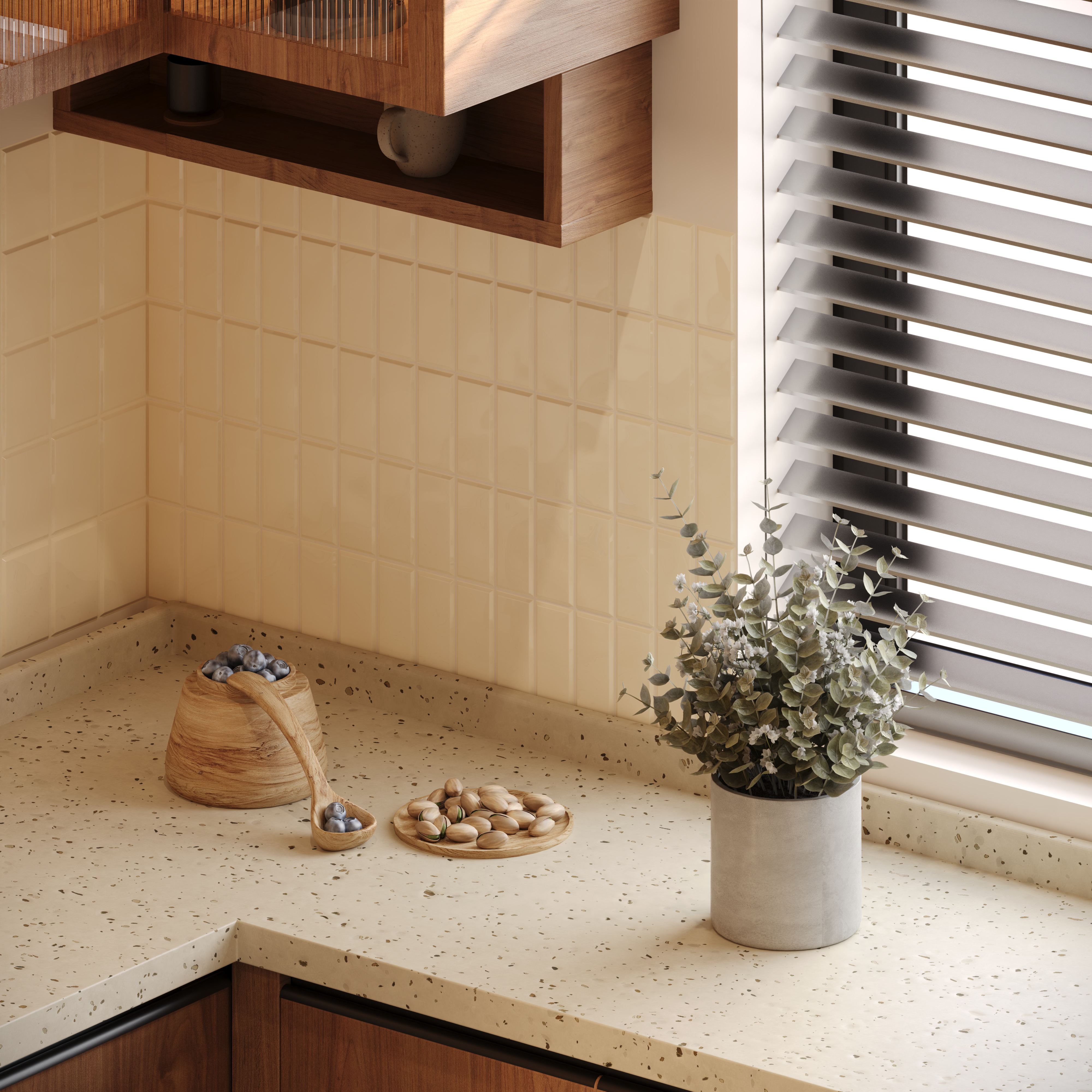 Terrazzo countertop and tile backsplash detail