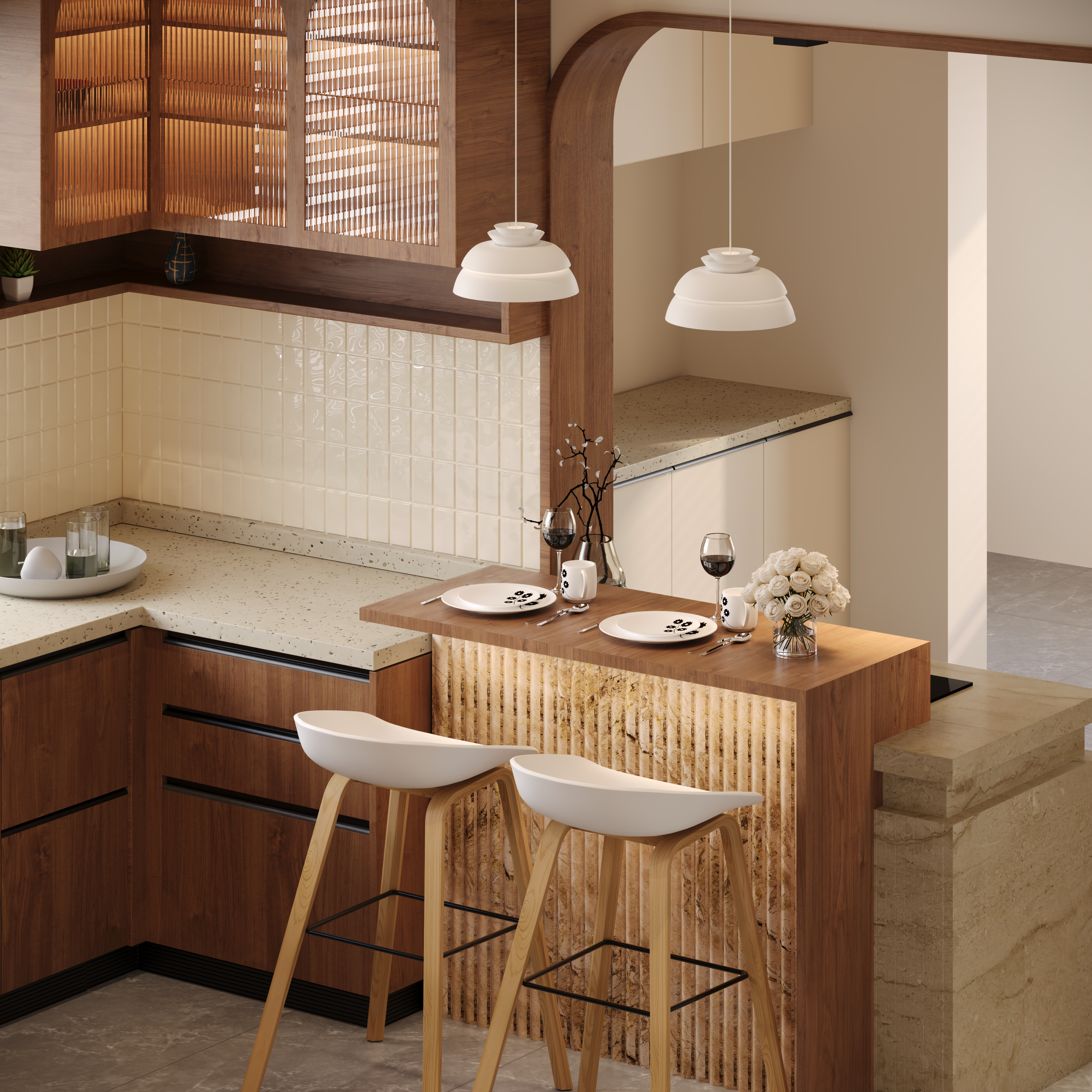 Breakfast bar with pendant lights and stools