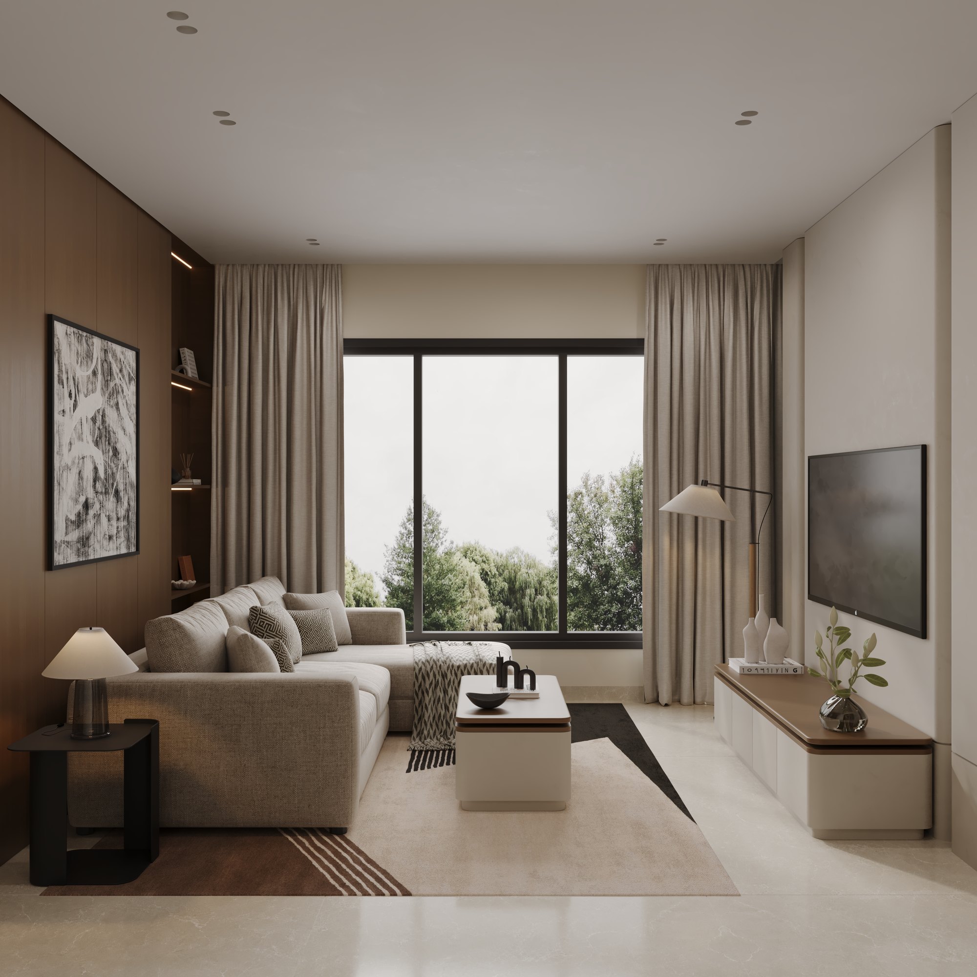 Living room with corner sofa, walnut wall and full-height window