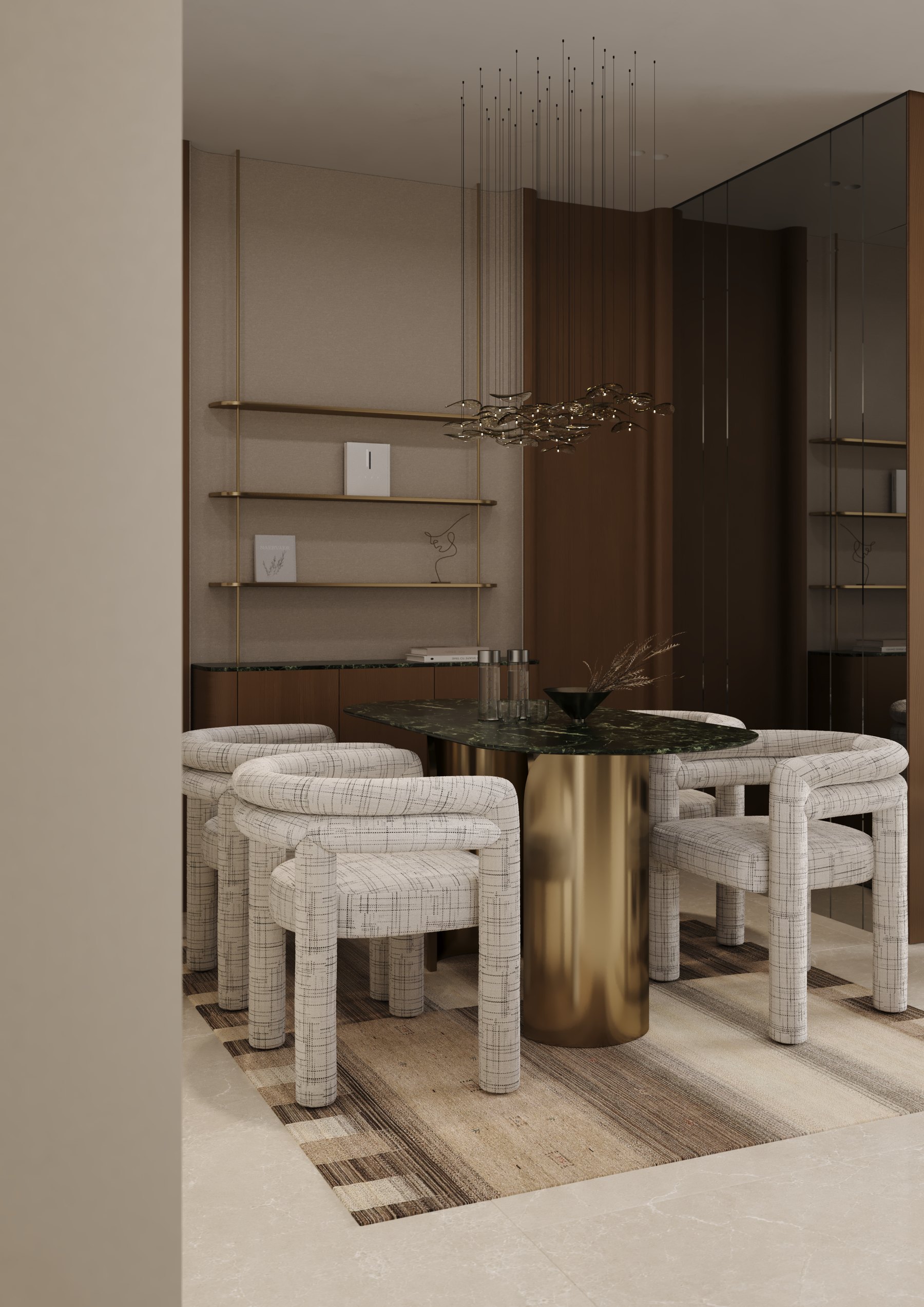Dining area with sculptural chairs and brass pedestal table