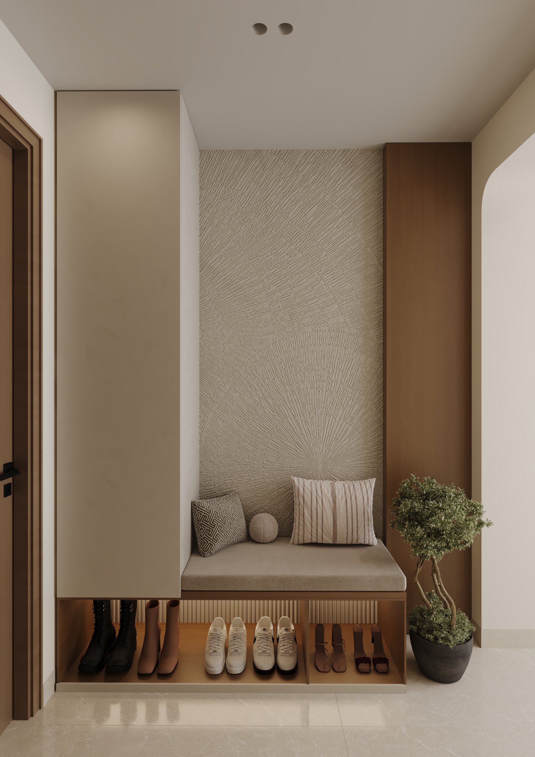 Entry bench with textured wall and shoe storage