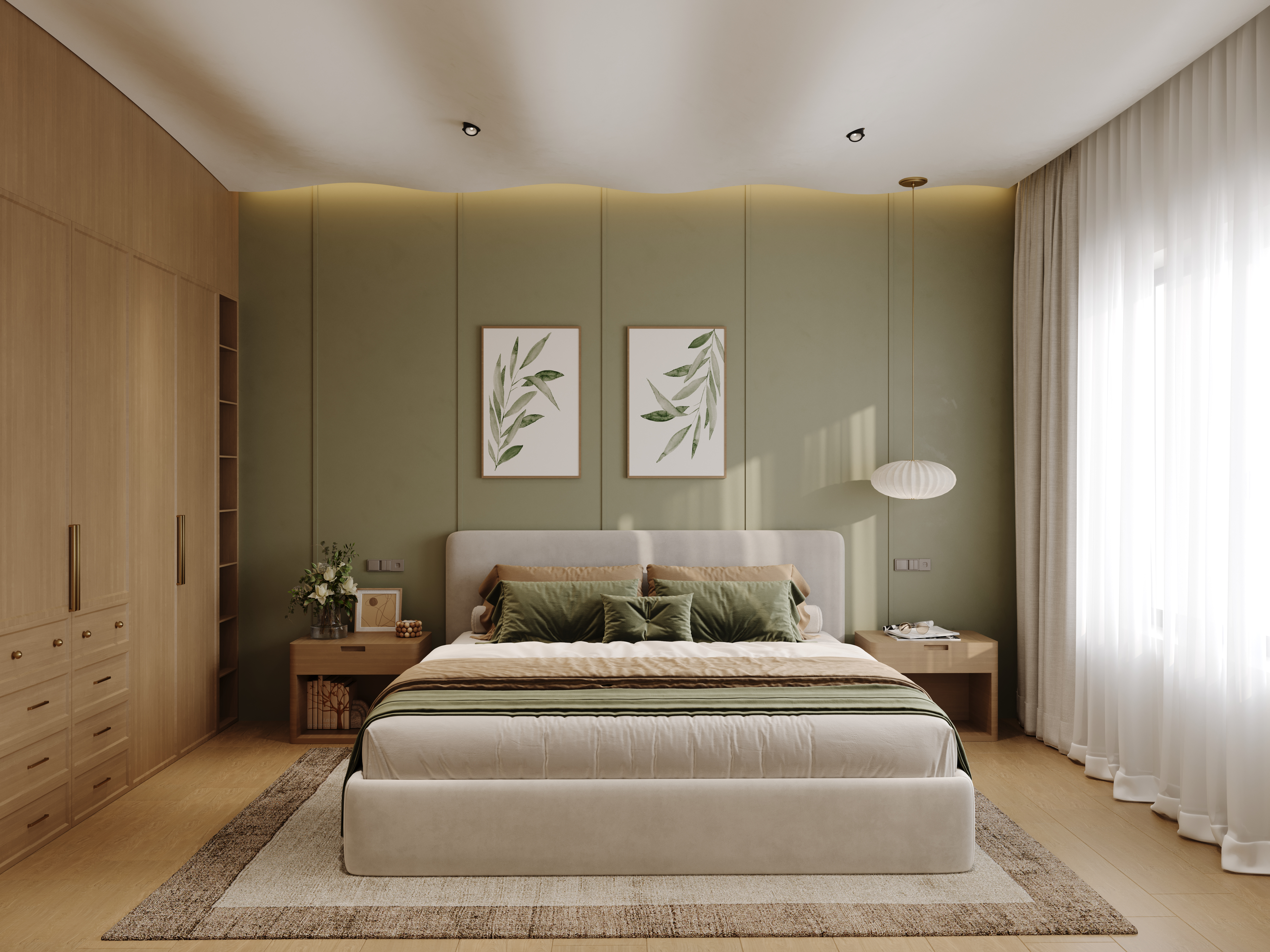 Olive Serenity contemporary bedroom, wide view