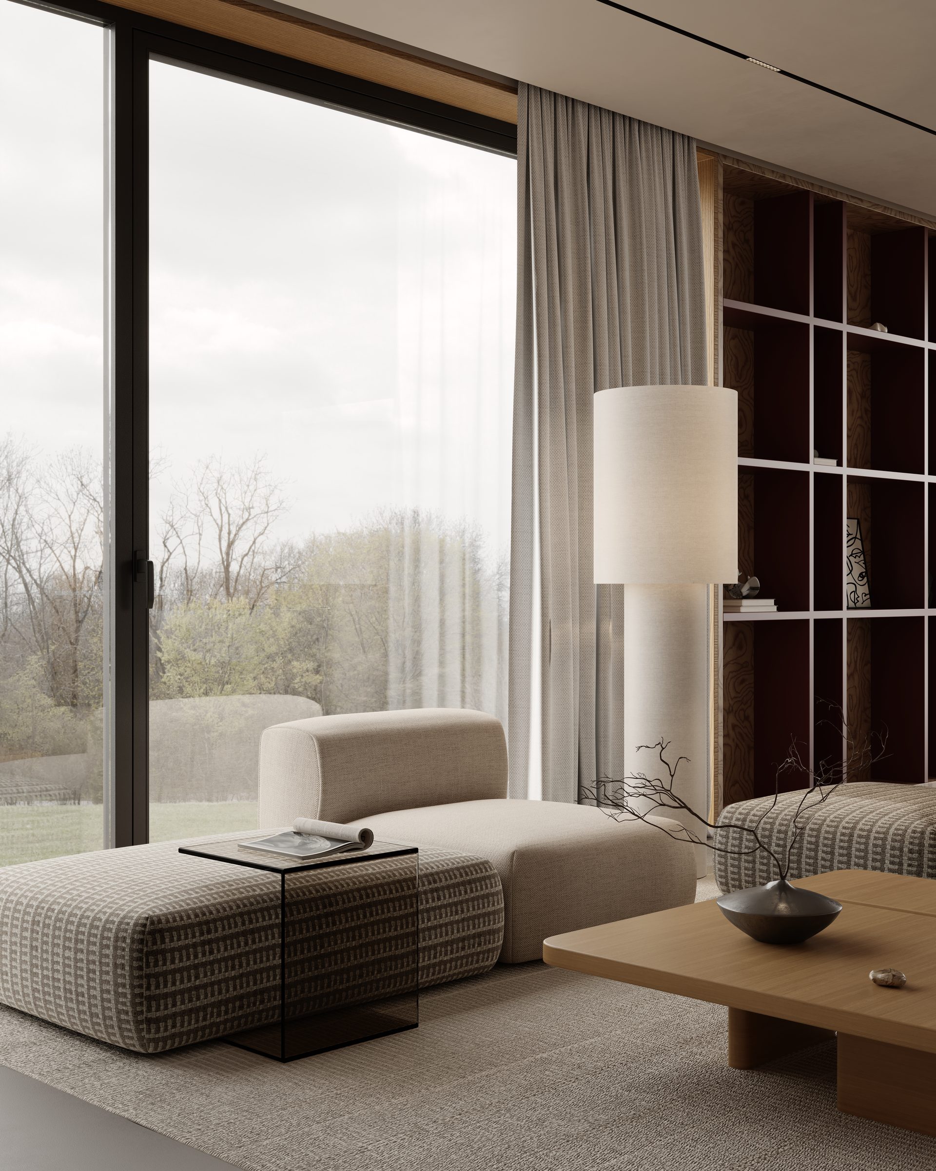 Living area with modular sofa and timber coffee table