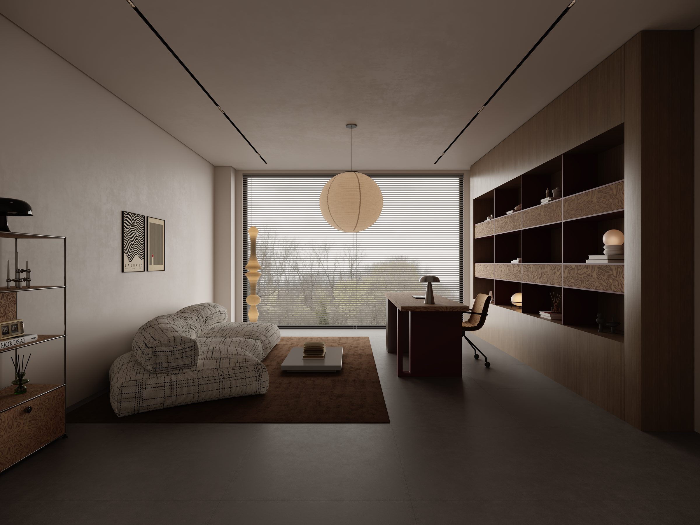 Home office with integrated storage and lounge seating