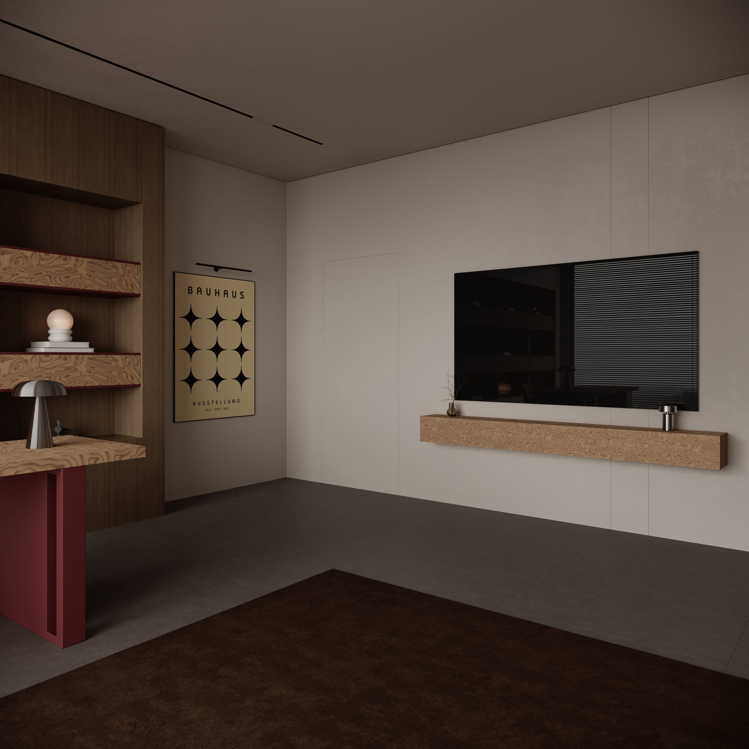 Office wall with television and shelf
