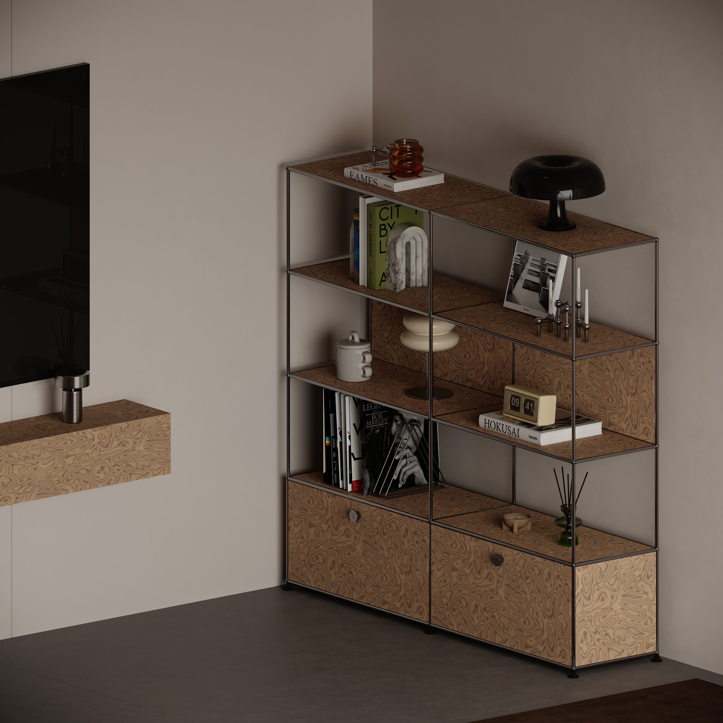 Timber and steel shelving unit