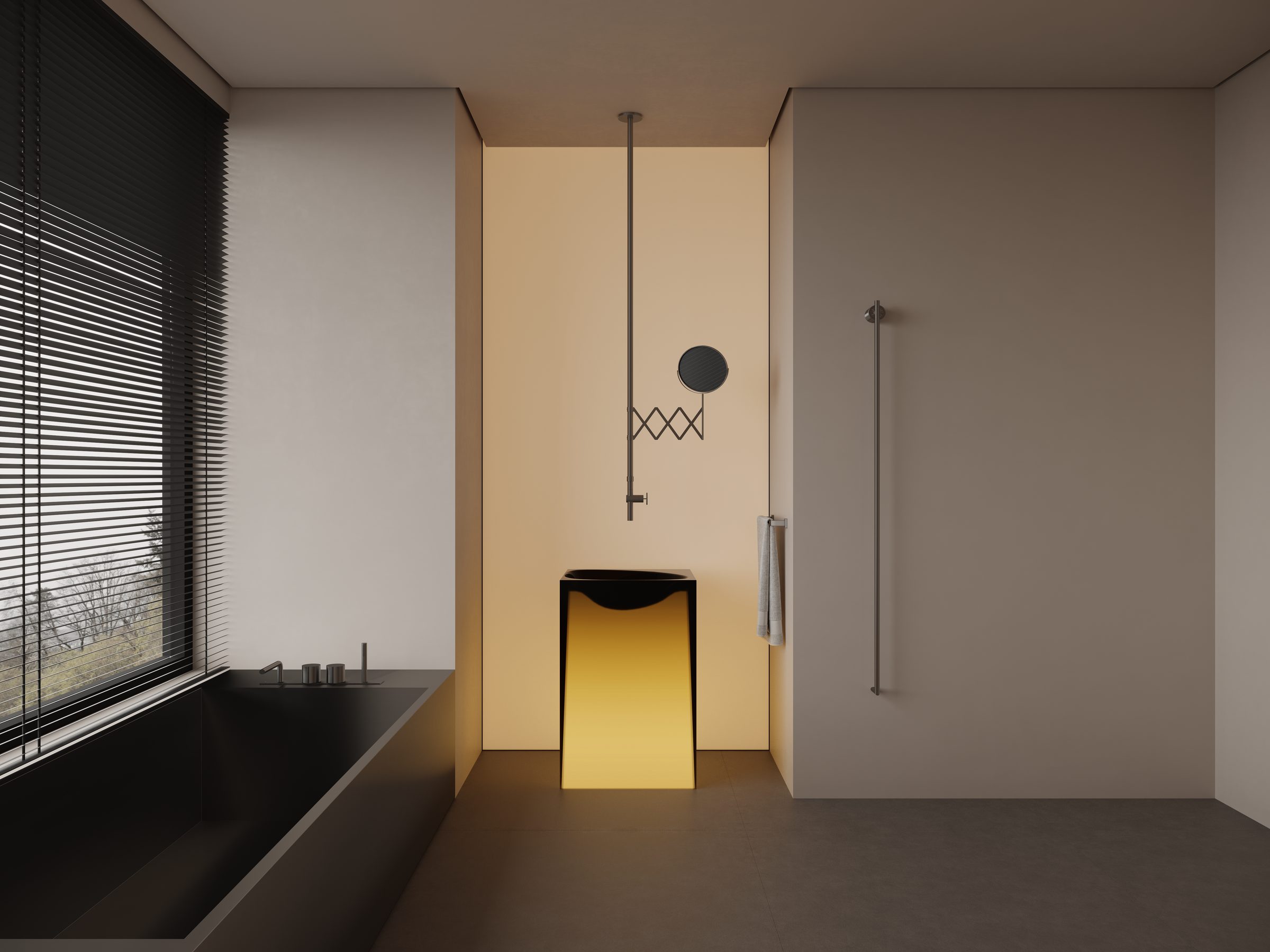 Bathroom with lit basin and bathtub
