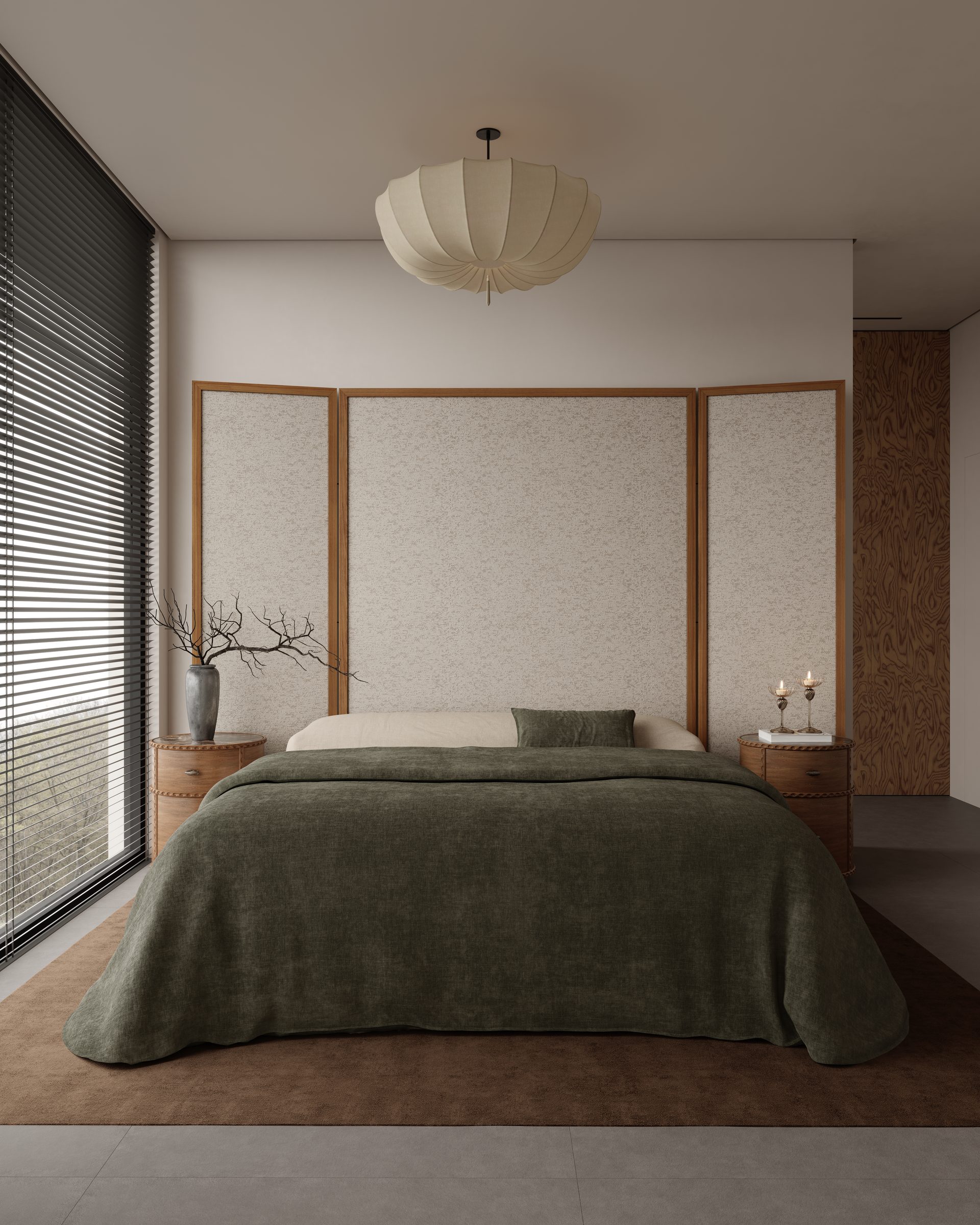 Bedroom with upholstered headboard and green bedding