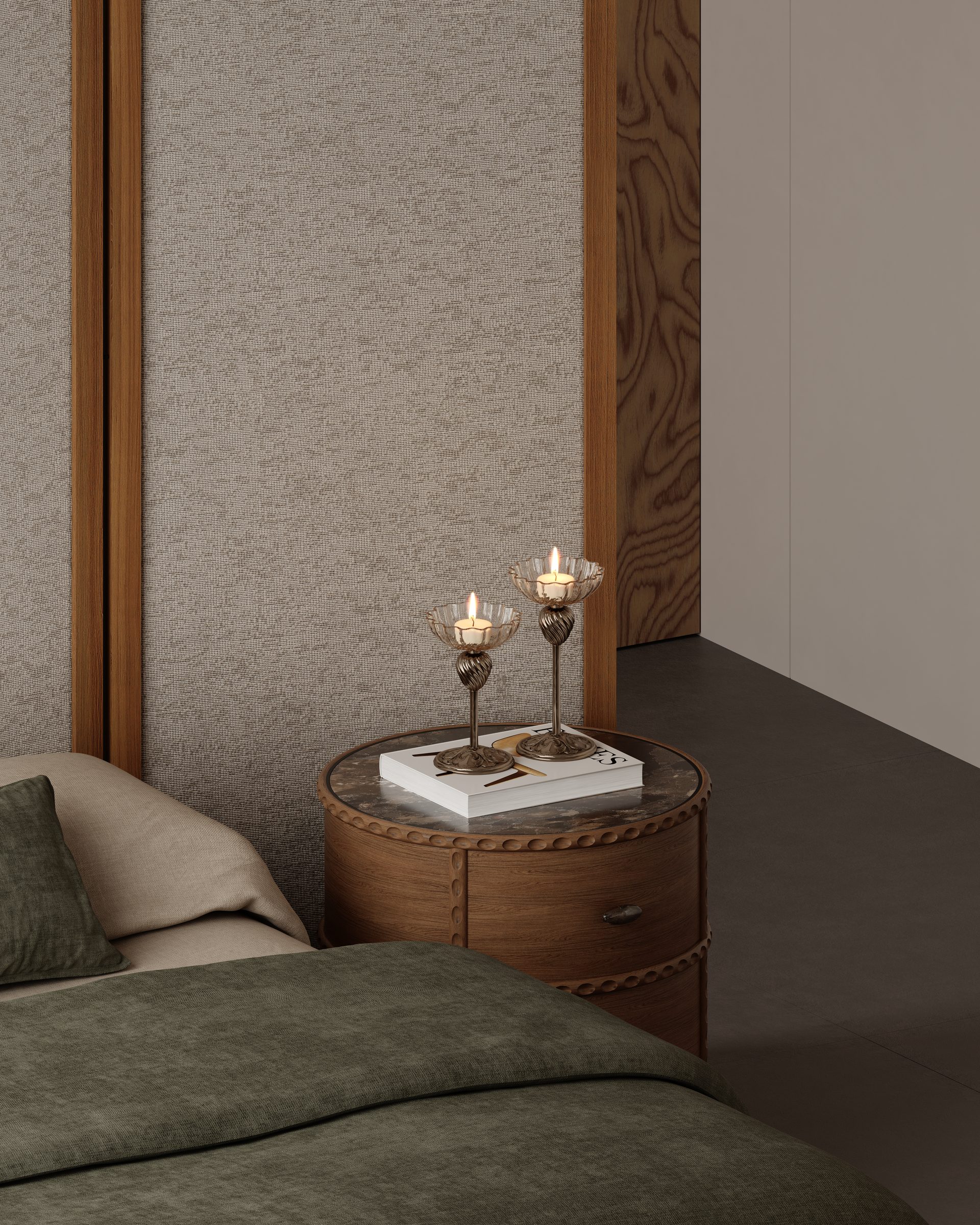 Bedside table detail with candles