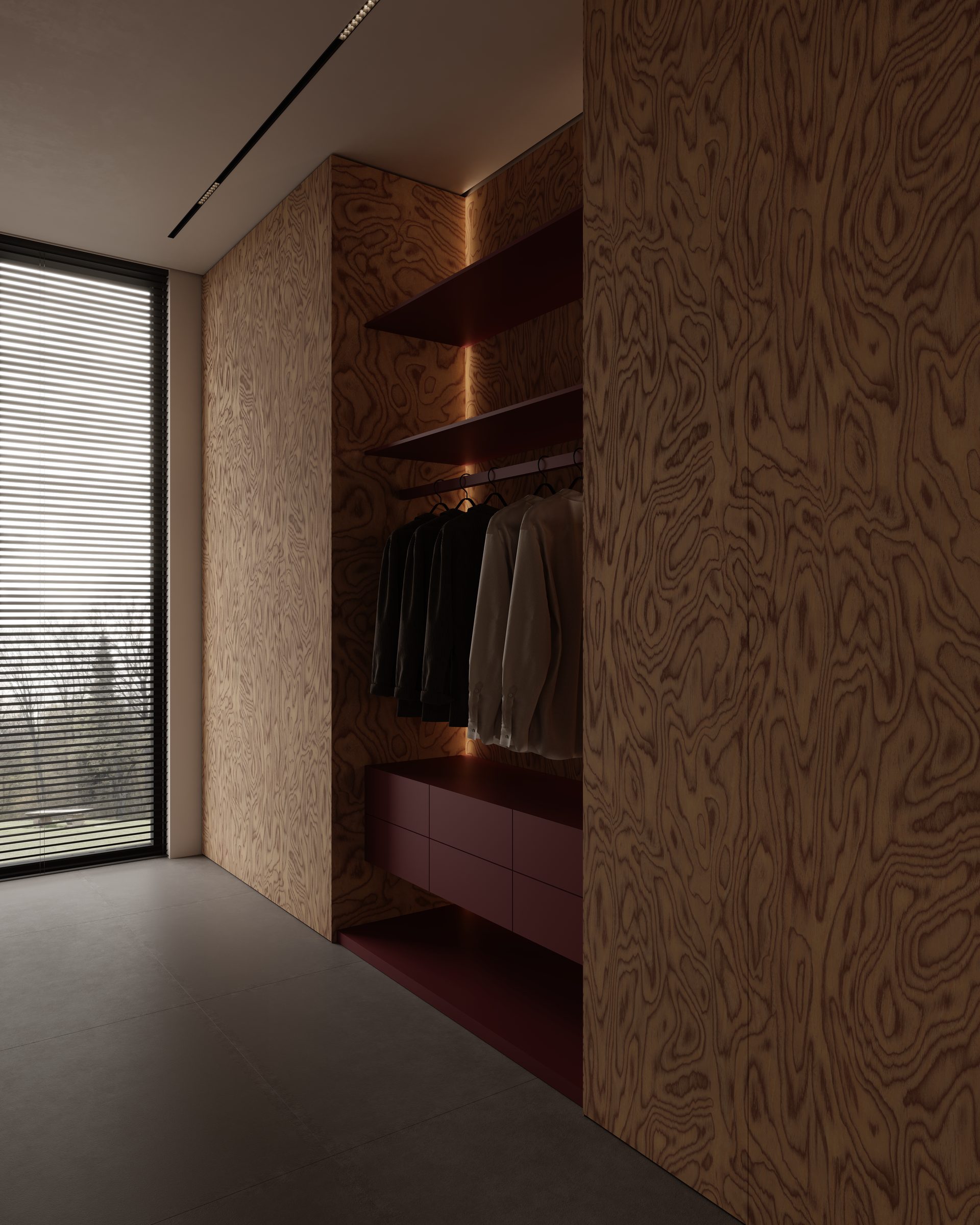 Wardrobe with burl timber and burgundy shelving
