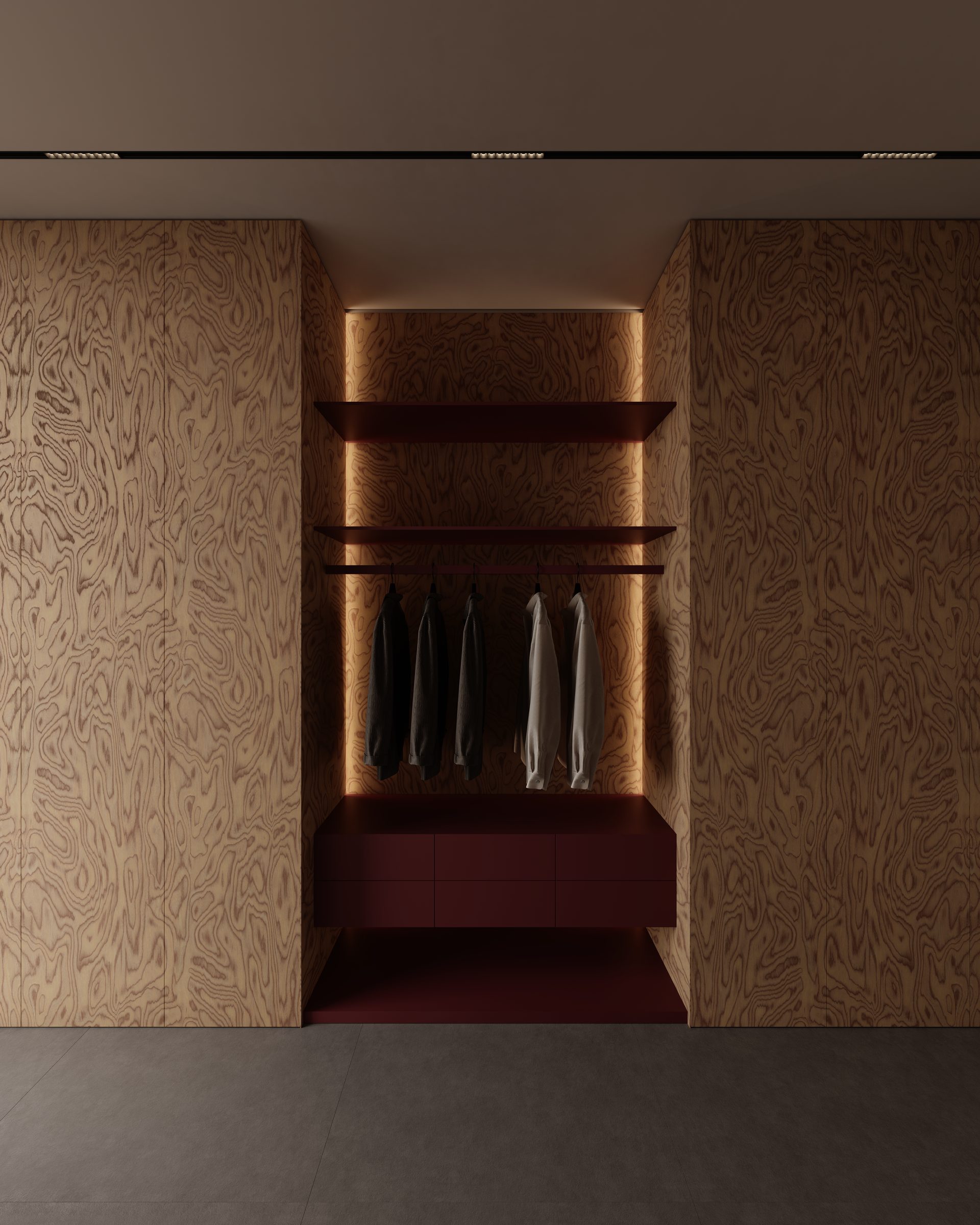 Wardrobe front view with warm lighting