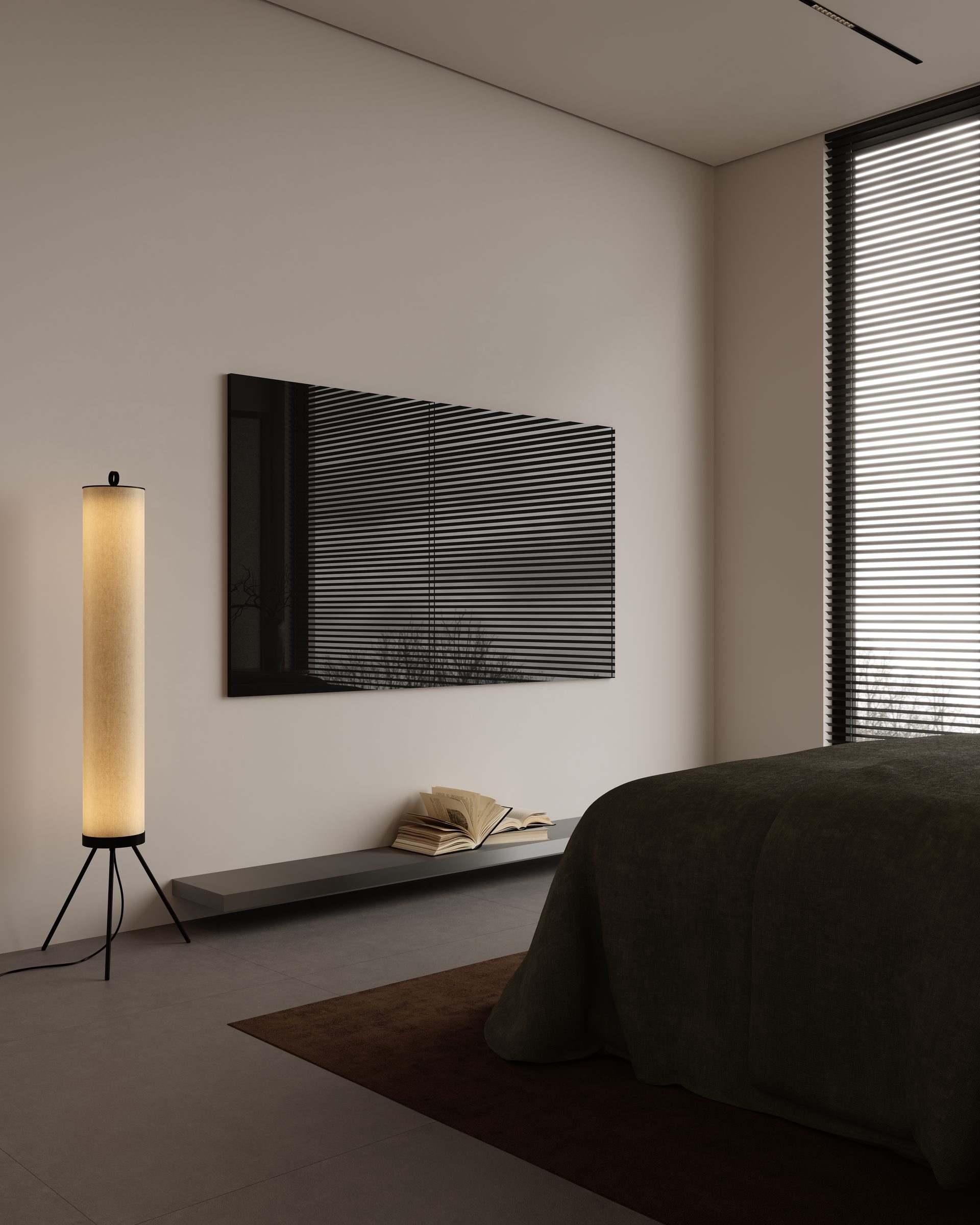 Bedroom wall with television and floor lamp