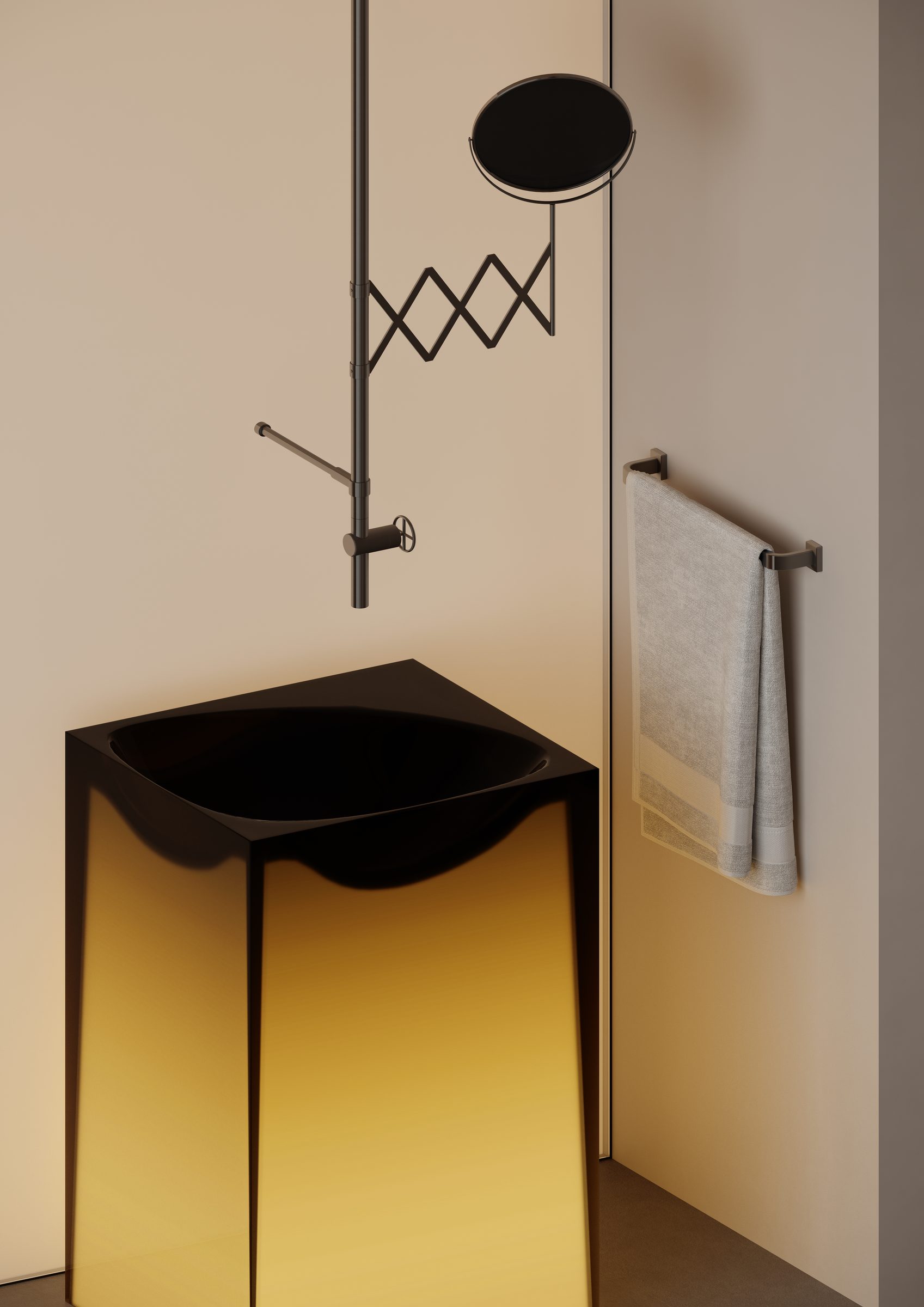 Illuminated basin with ceiling-mounted tap