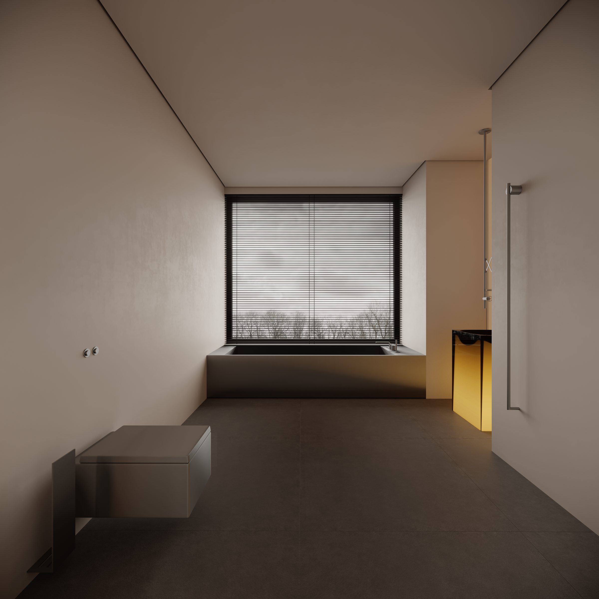 Bathroom view toward the window and bathtub
