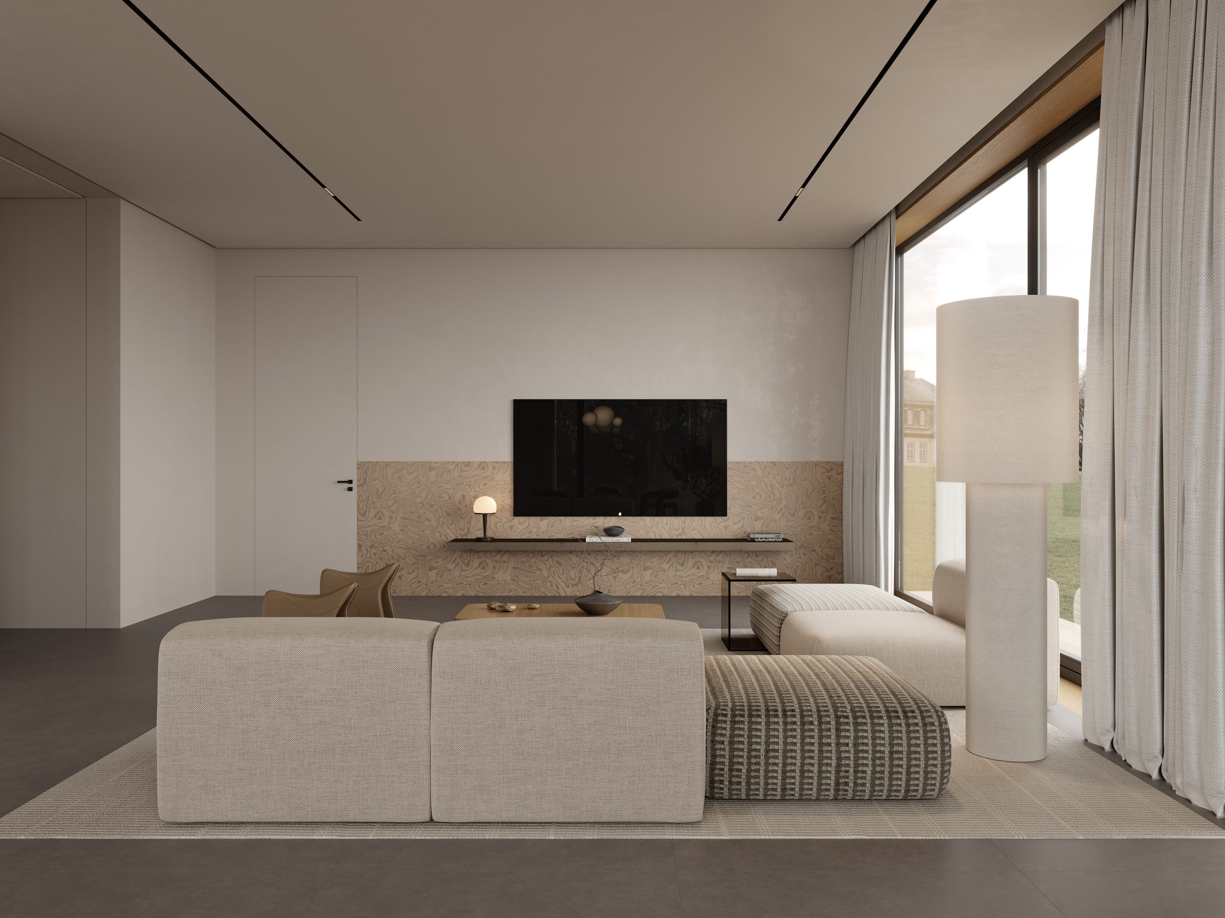Living room with timber wall panel and floating shelf
