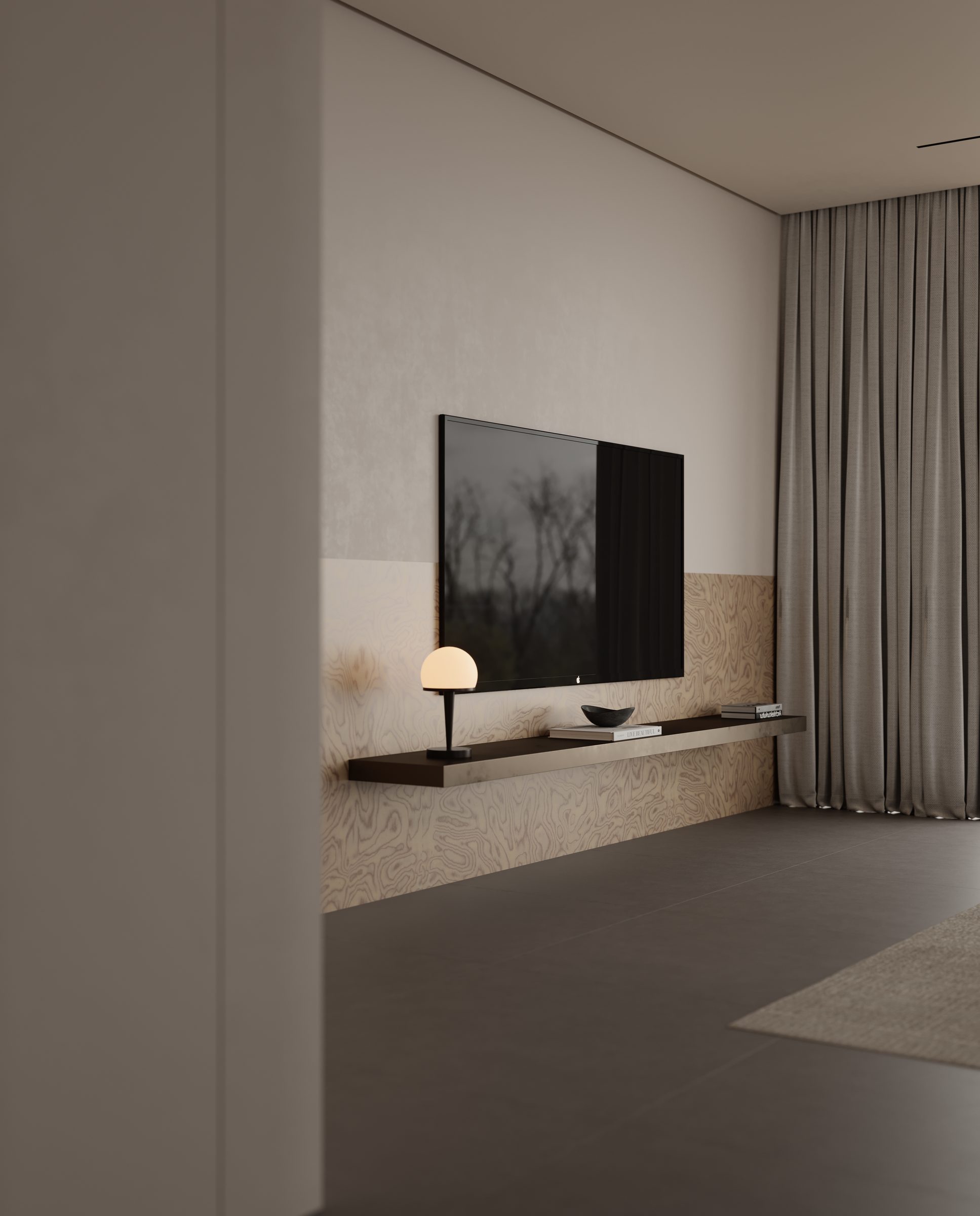 Timber wall panel with wall-mounted television