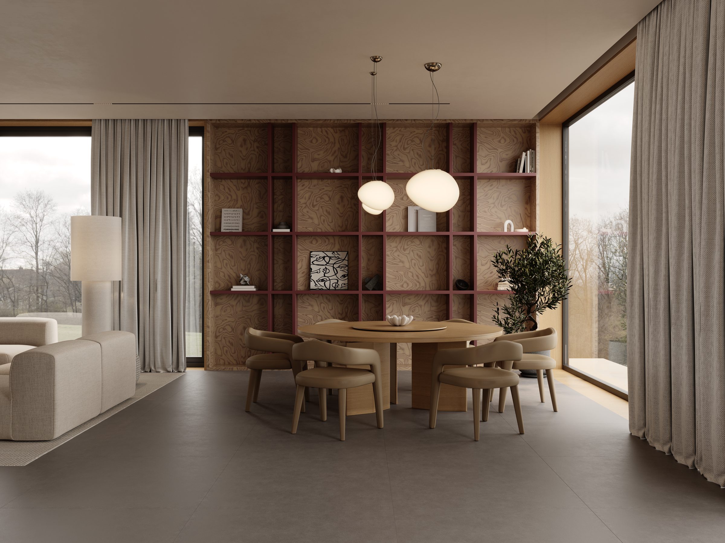 Dining area with burgundy-framed timber shelving