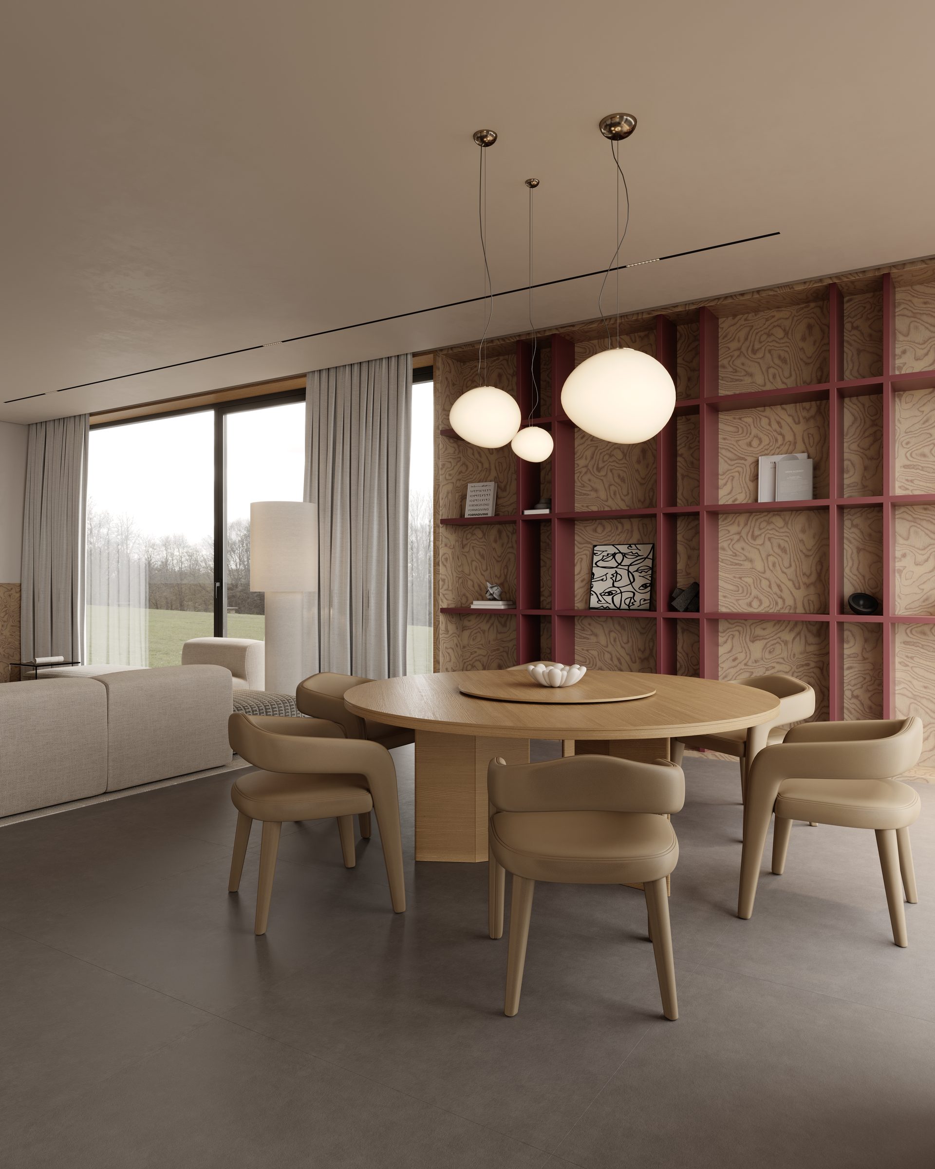Round dining table with leather chairs