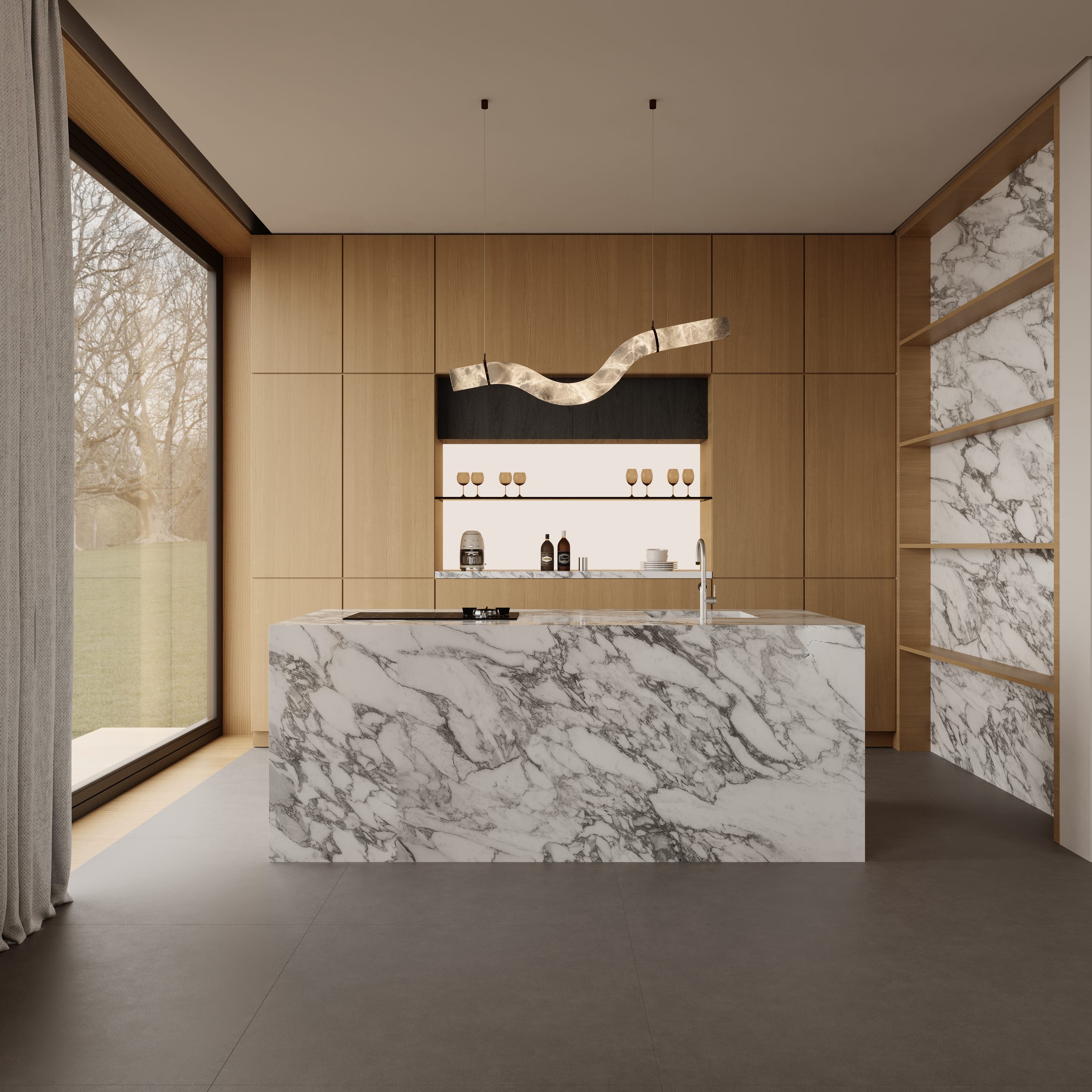 Kitchen with marble island and timber cabinetry