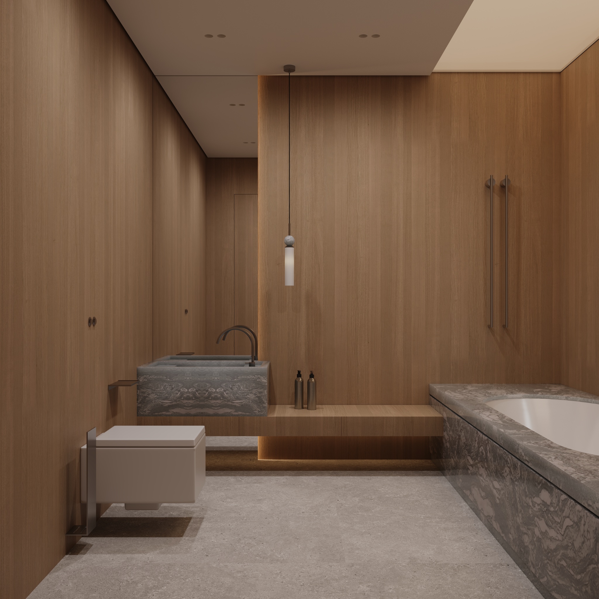 Bathroom view with stone vanity, timber shelf and bathtub