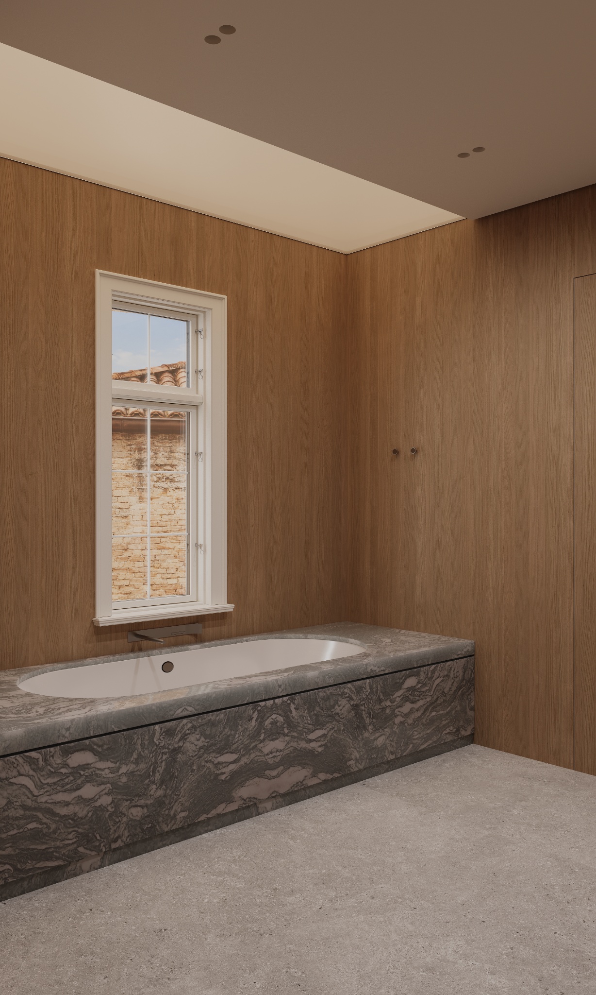 Stone bathtub beside window with timber wall panels