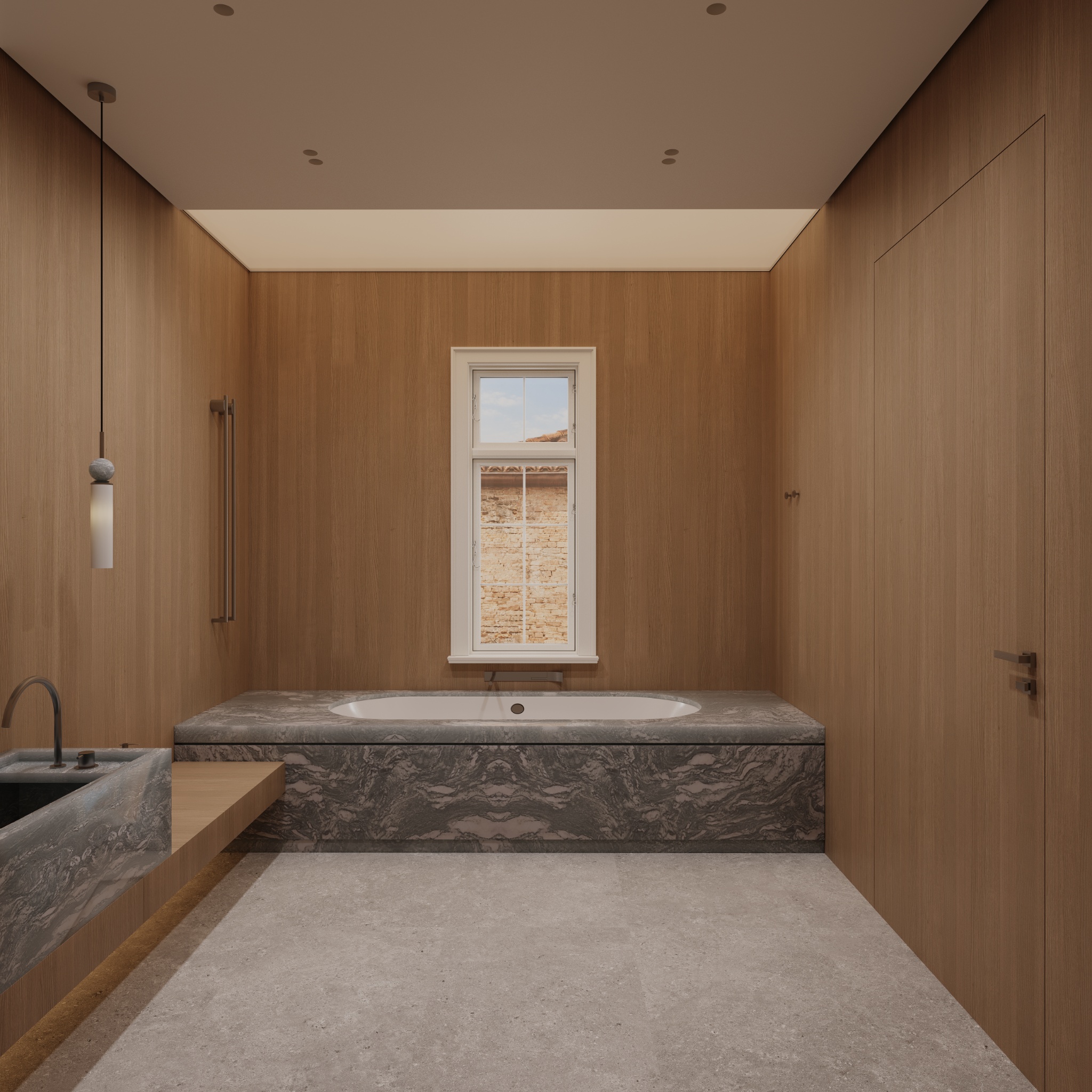 Timber and Stone bathroom with stone bathtub and window