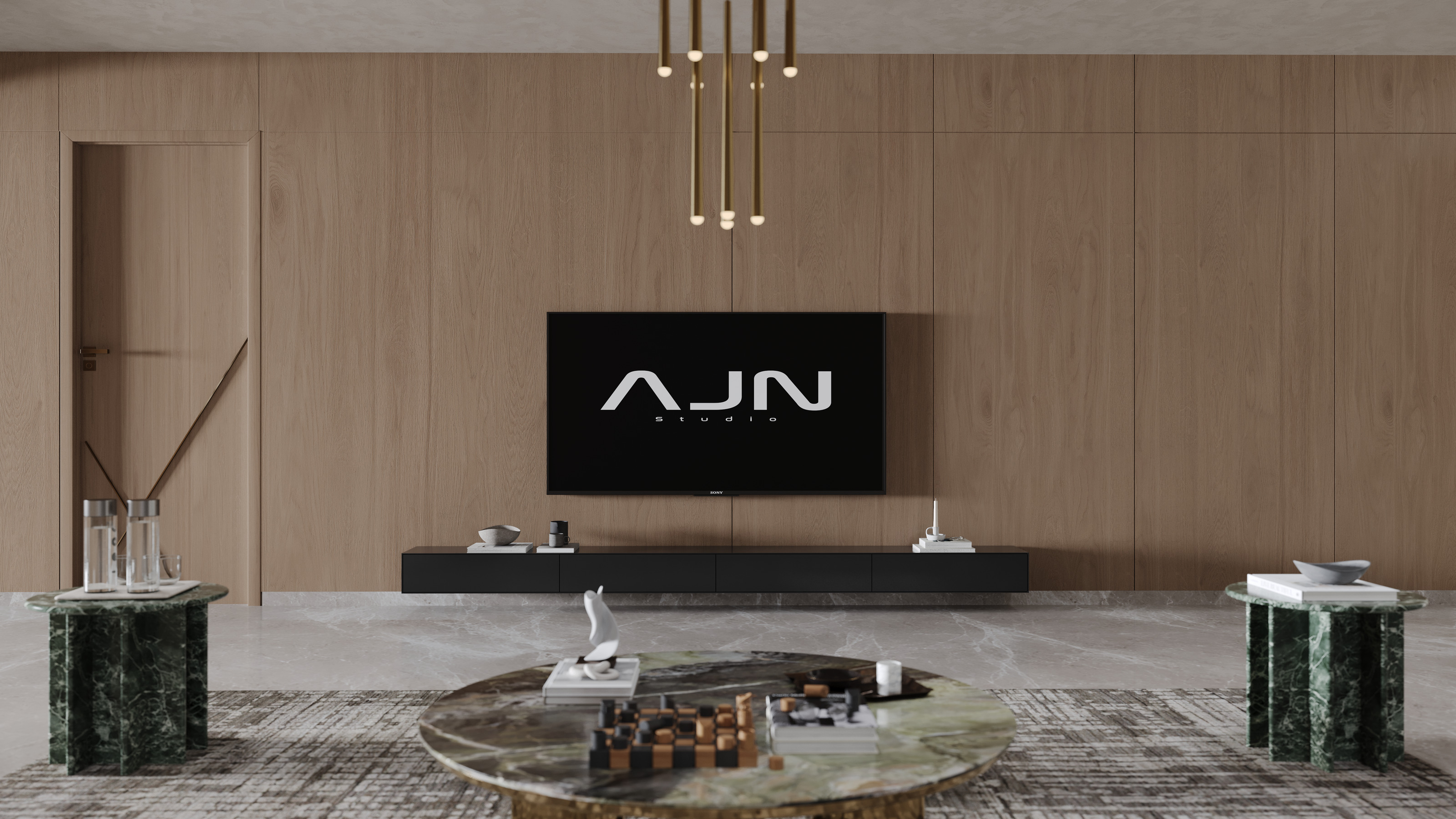 Living area TV wall with green marble side tables
