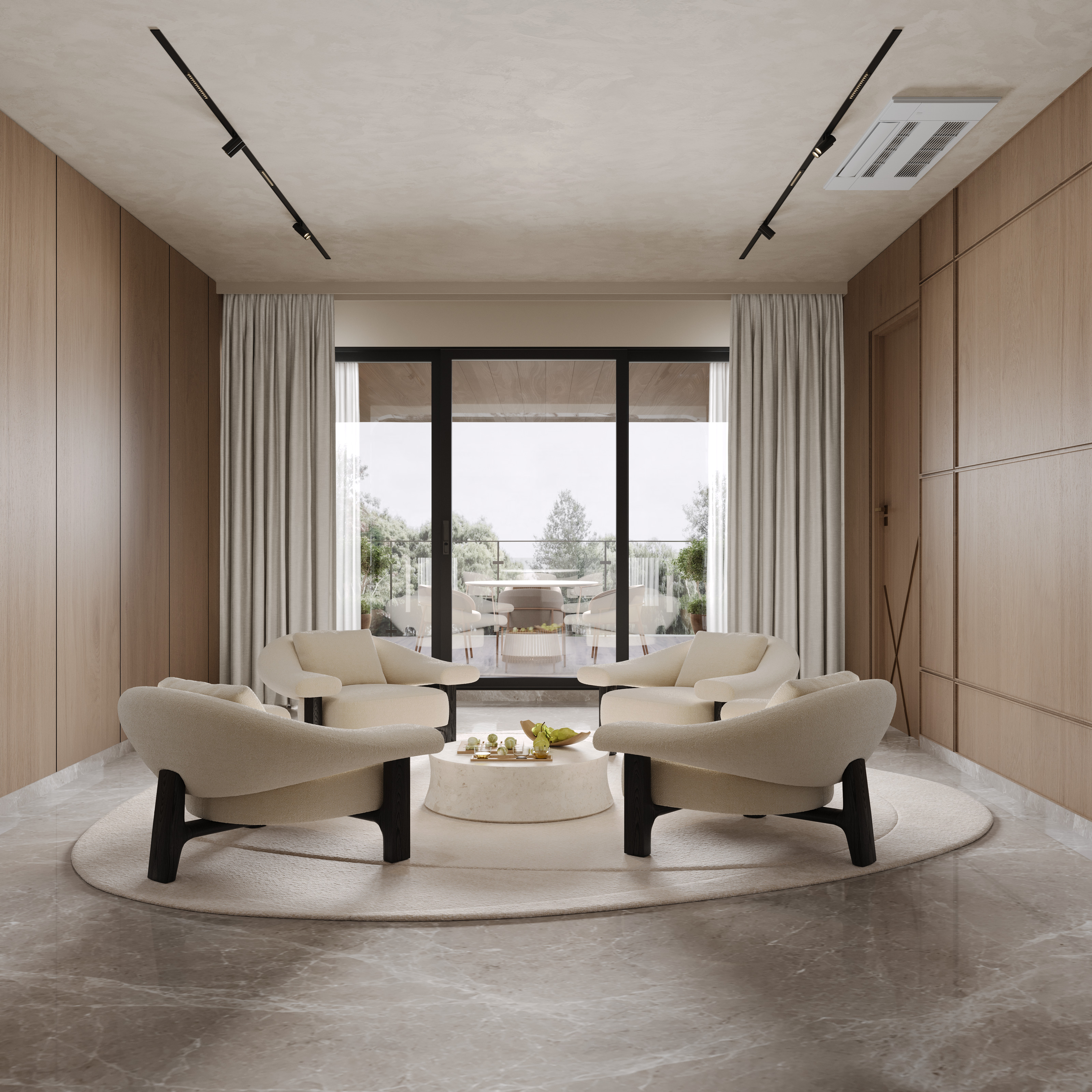Seating area with four boucle armchairs