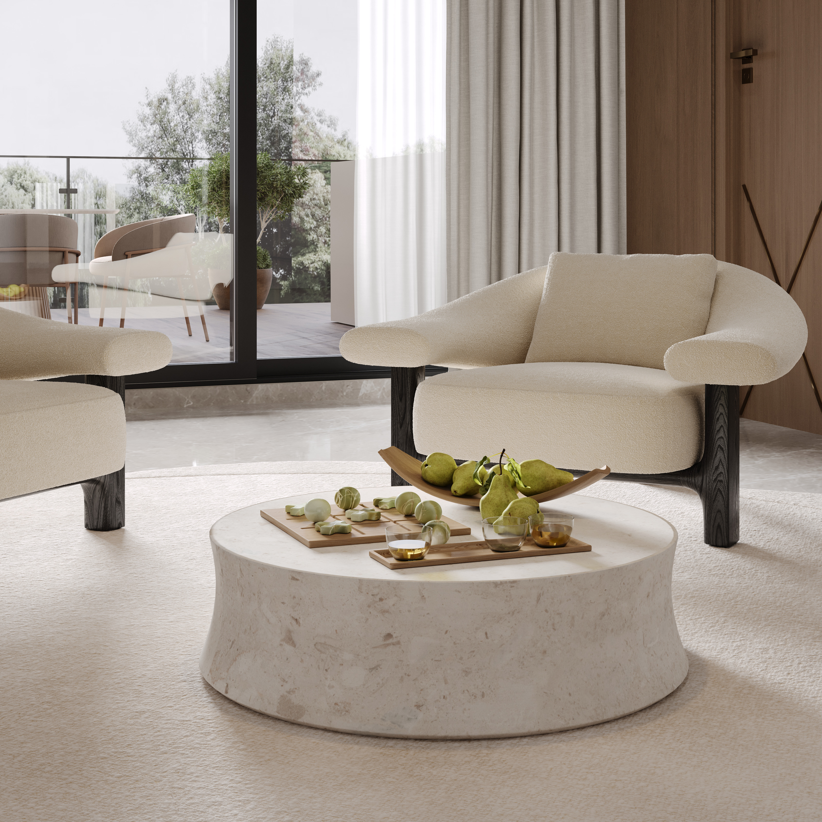Armchairs and stone coffee table detail