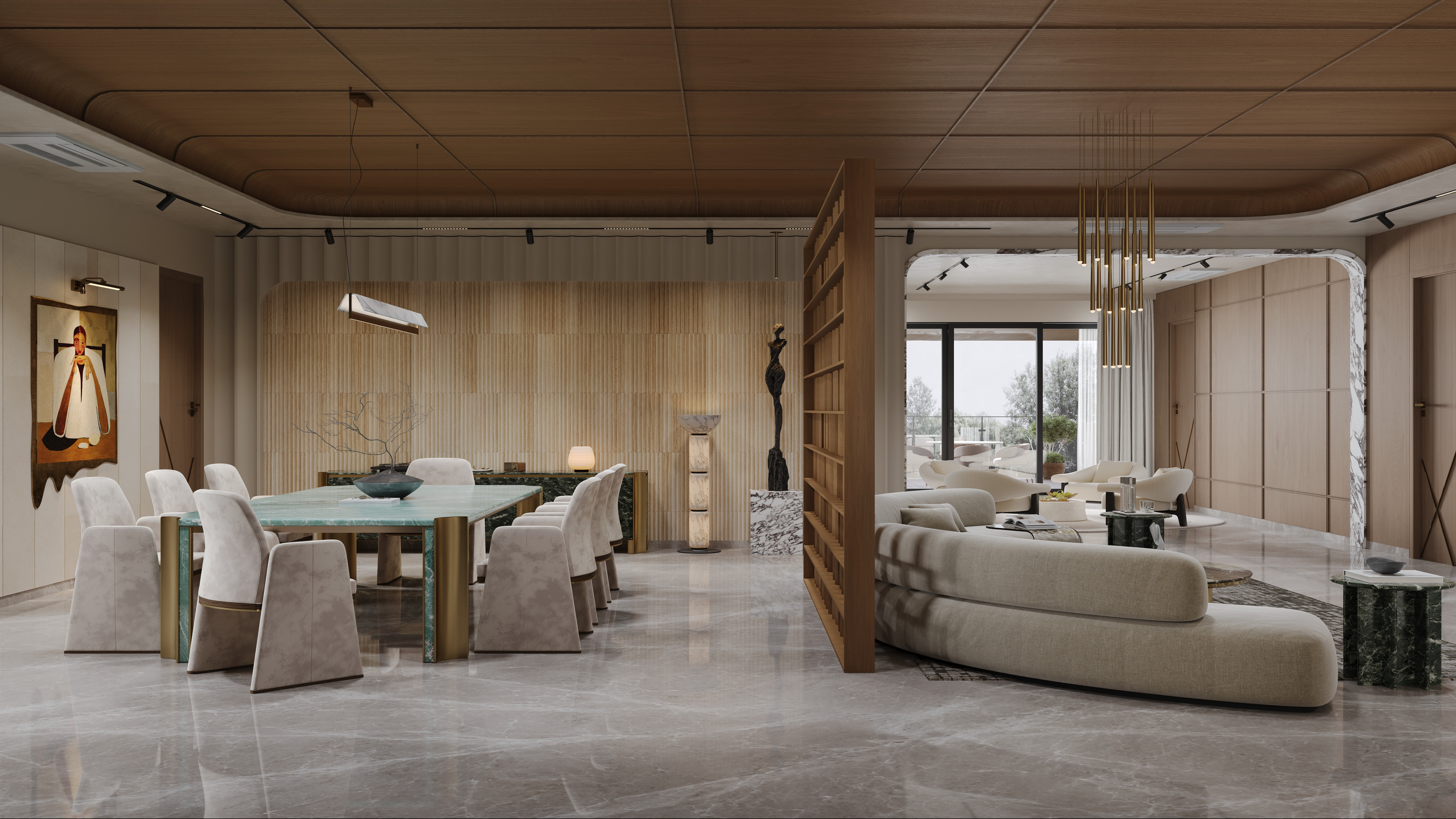 Dining and living space with fluted timber wall