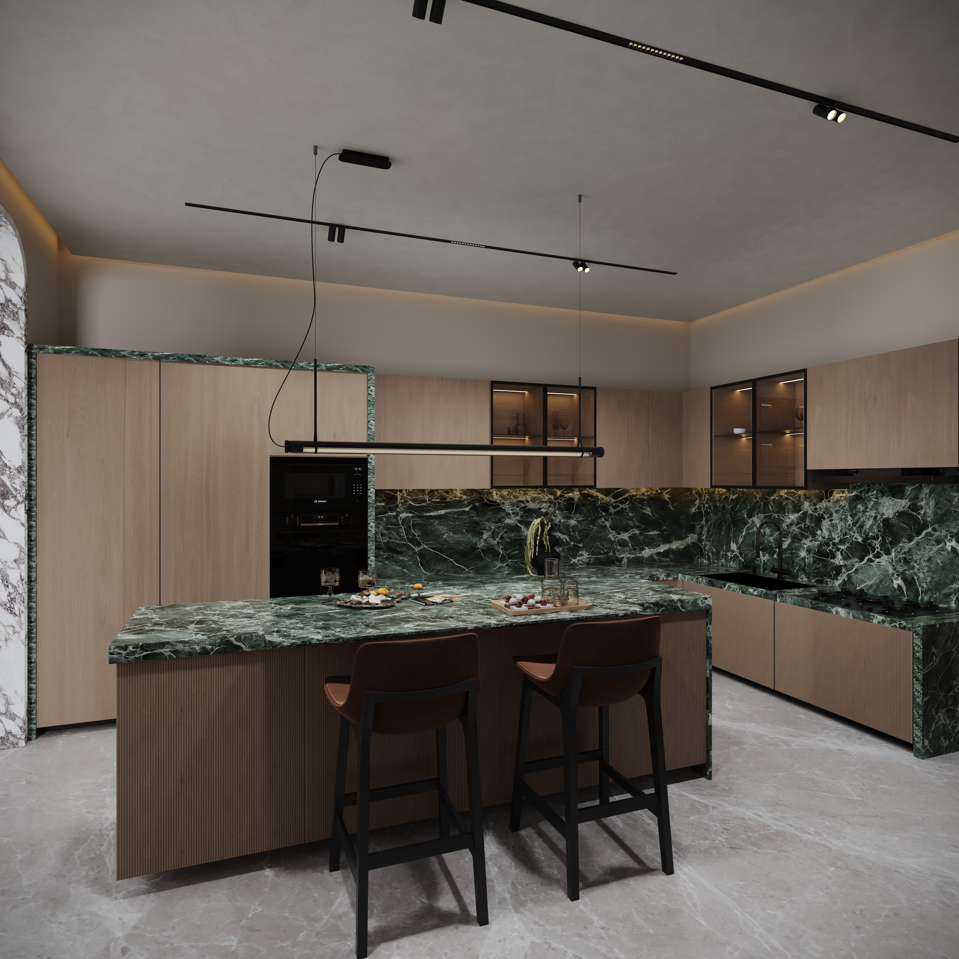 Kitchen with green marble island