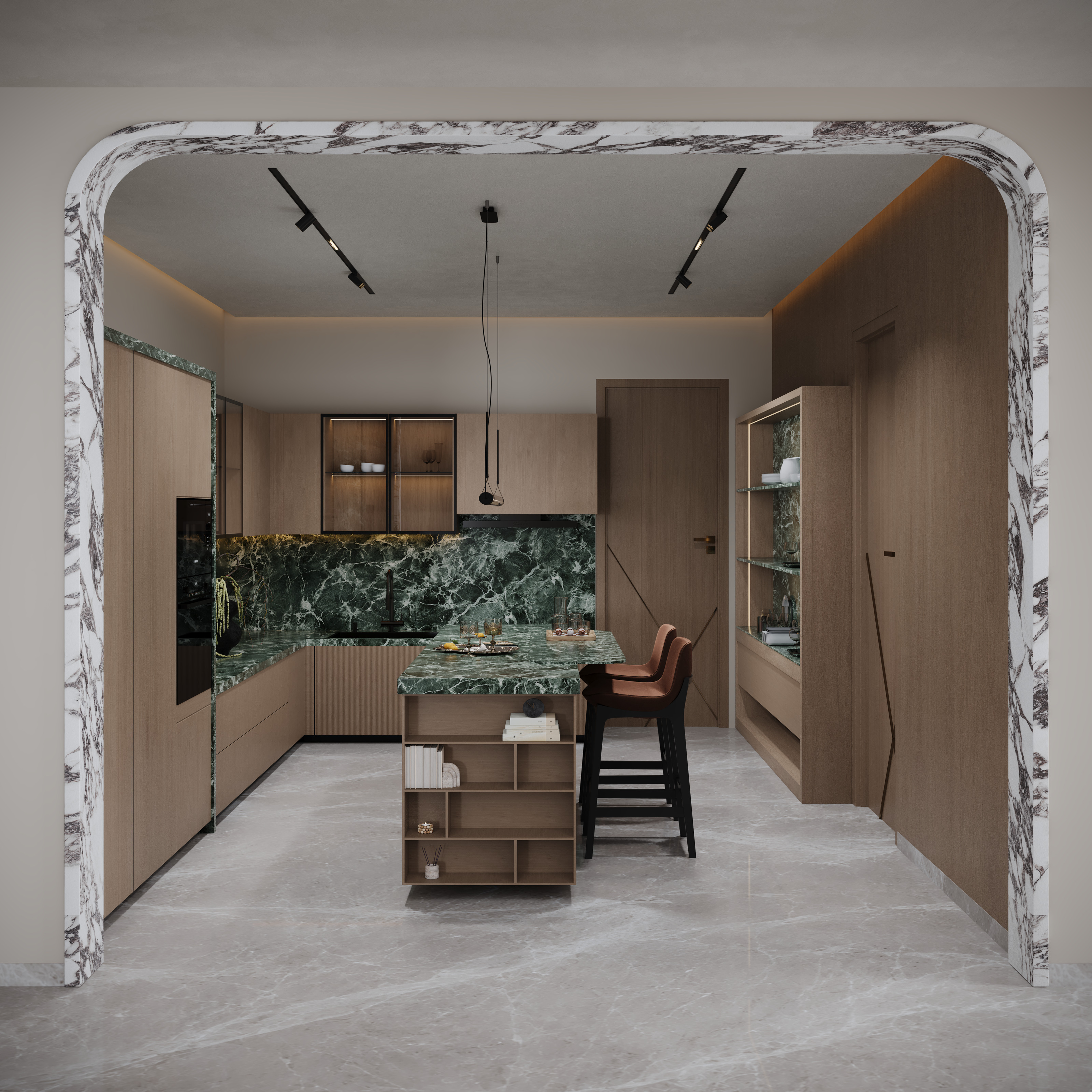 Kitchen seen through marble arch