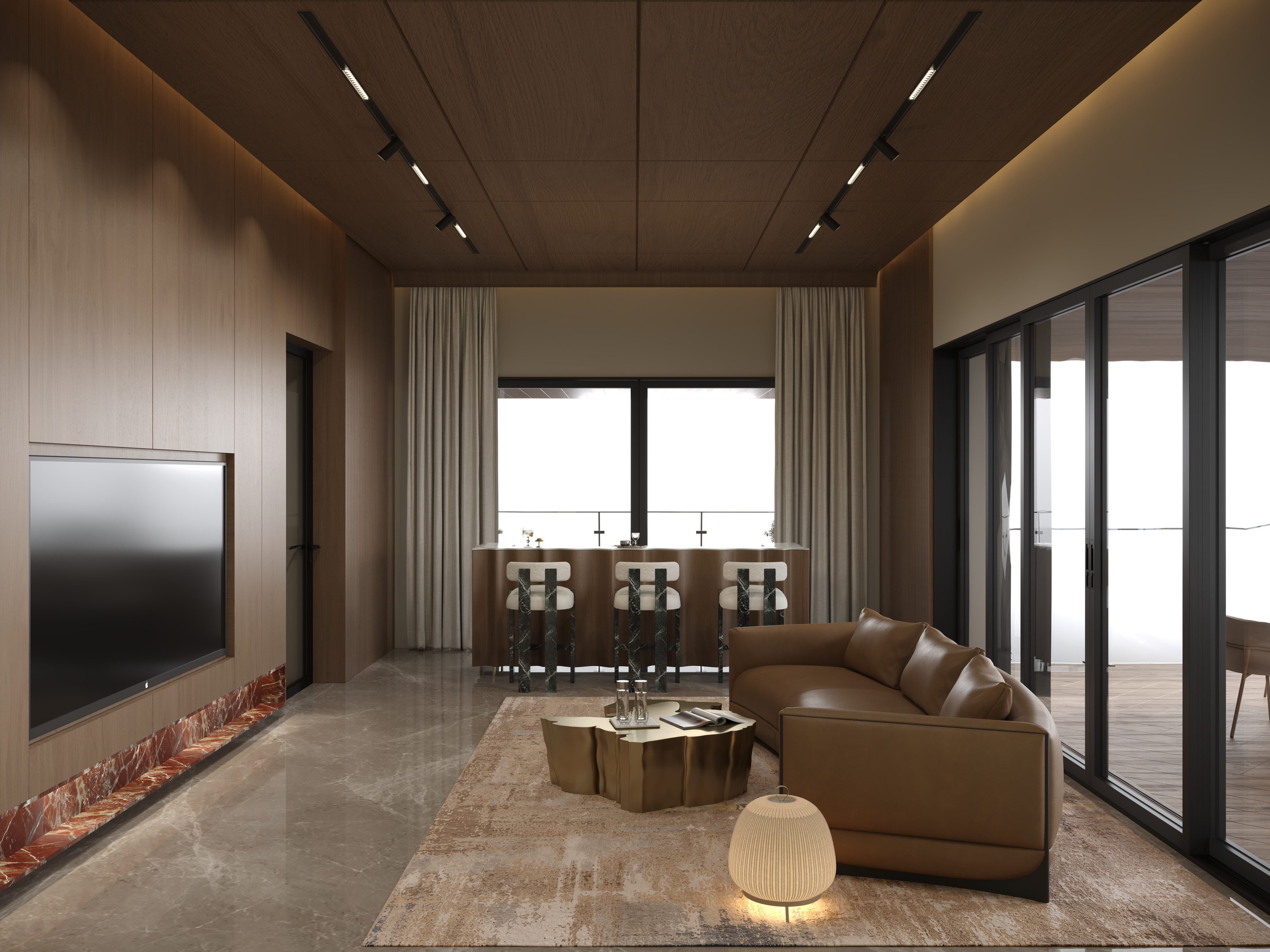 Living room with leather sofa and balcony