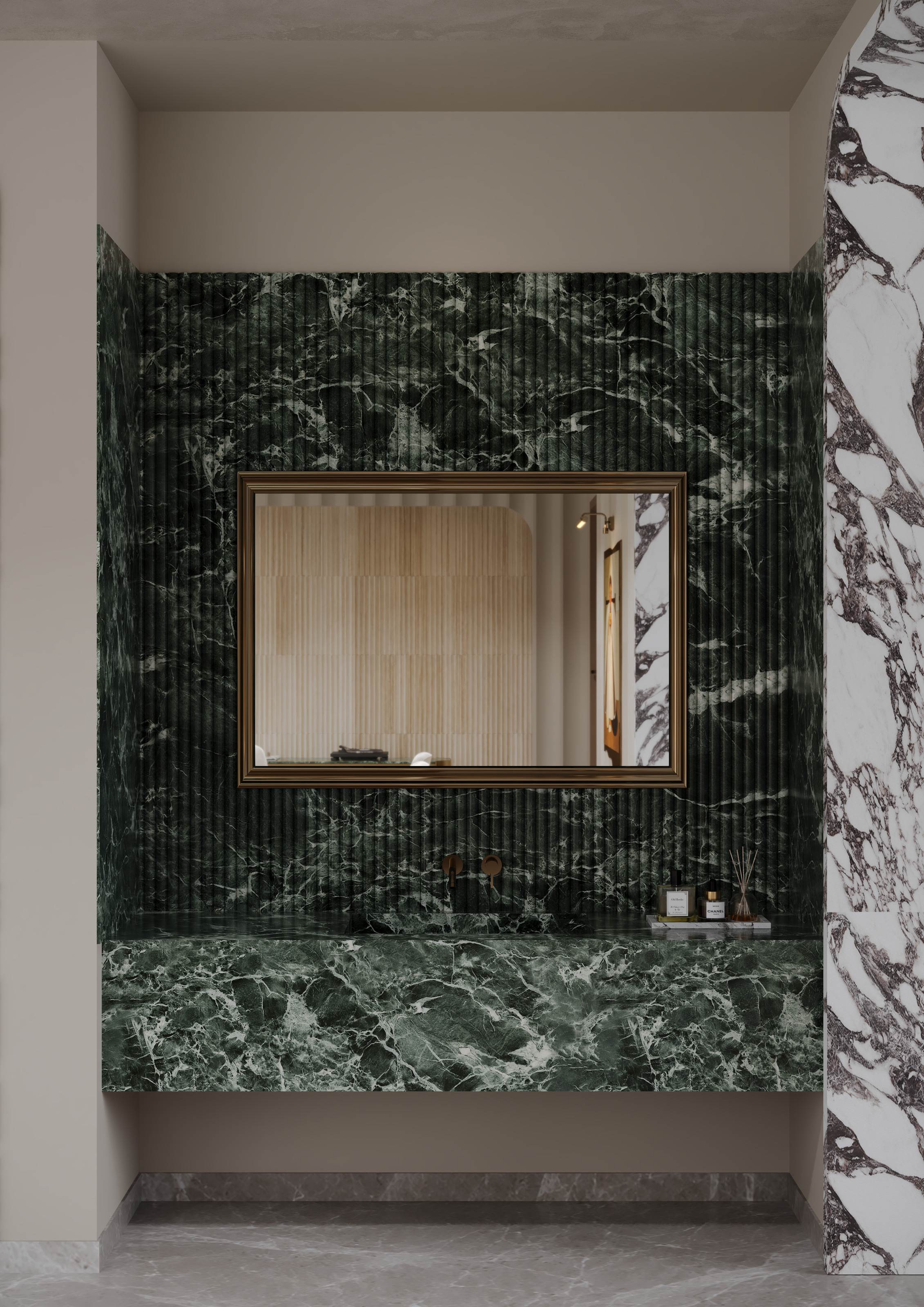 Green fluted marble vanity