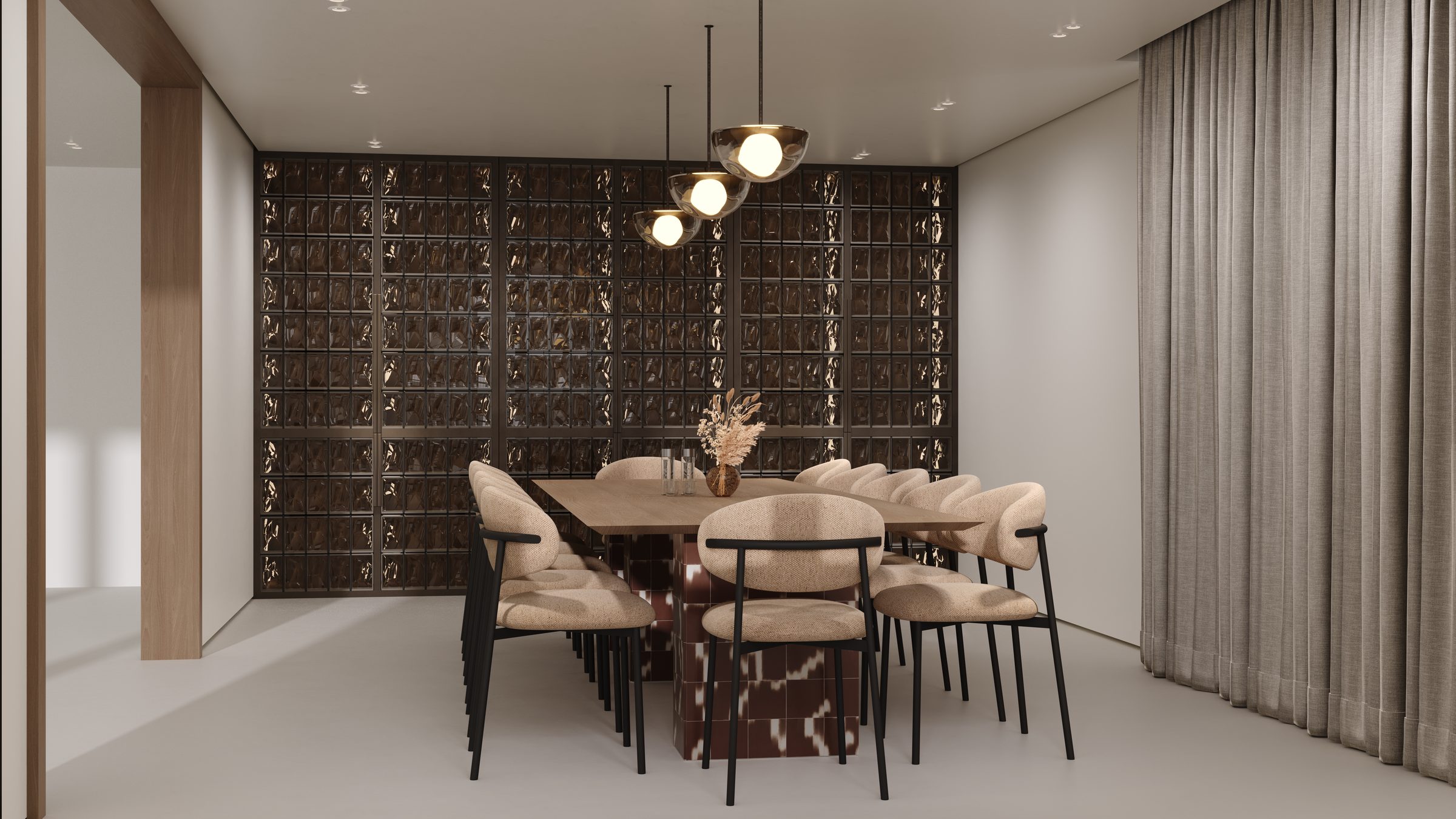 Dining area with textured glass wall and pendant lights