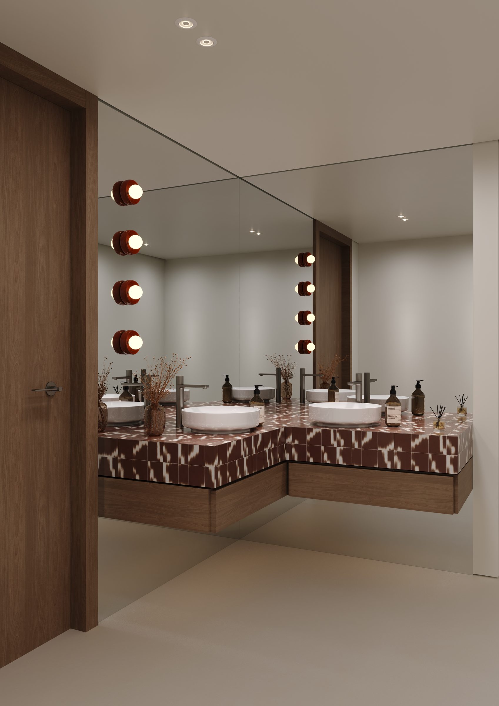 Bathroom vanity with patterned tile and mirror