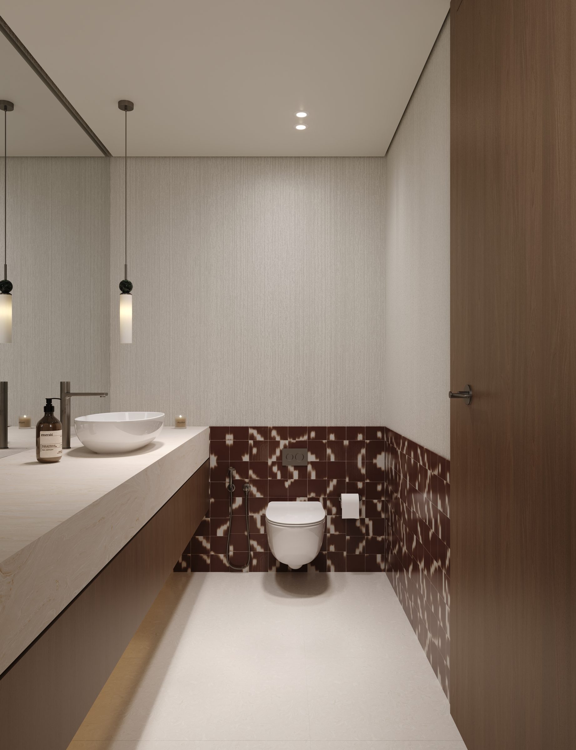 Bathroom with patterned tile and walnut door